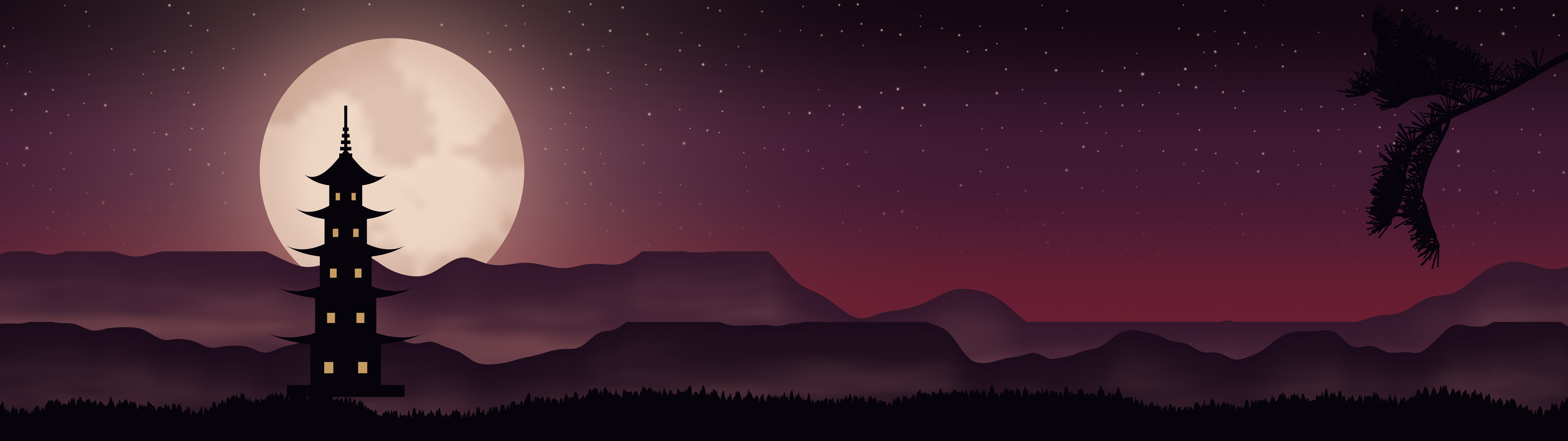 Dark Red Japanese Pagoda and Moon dual monitor wallpaper, 7680 × 2160