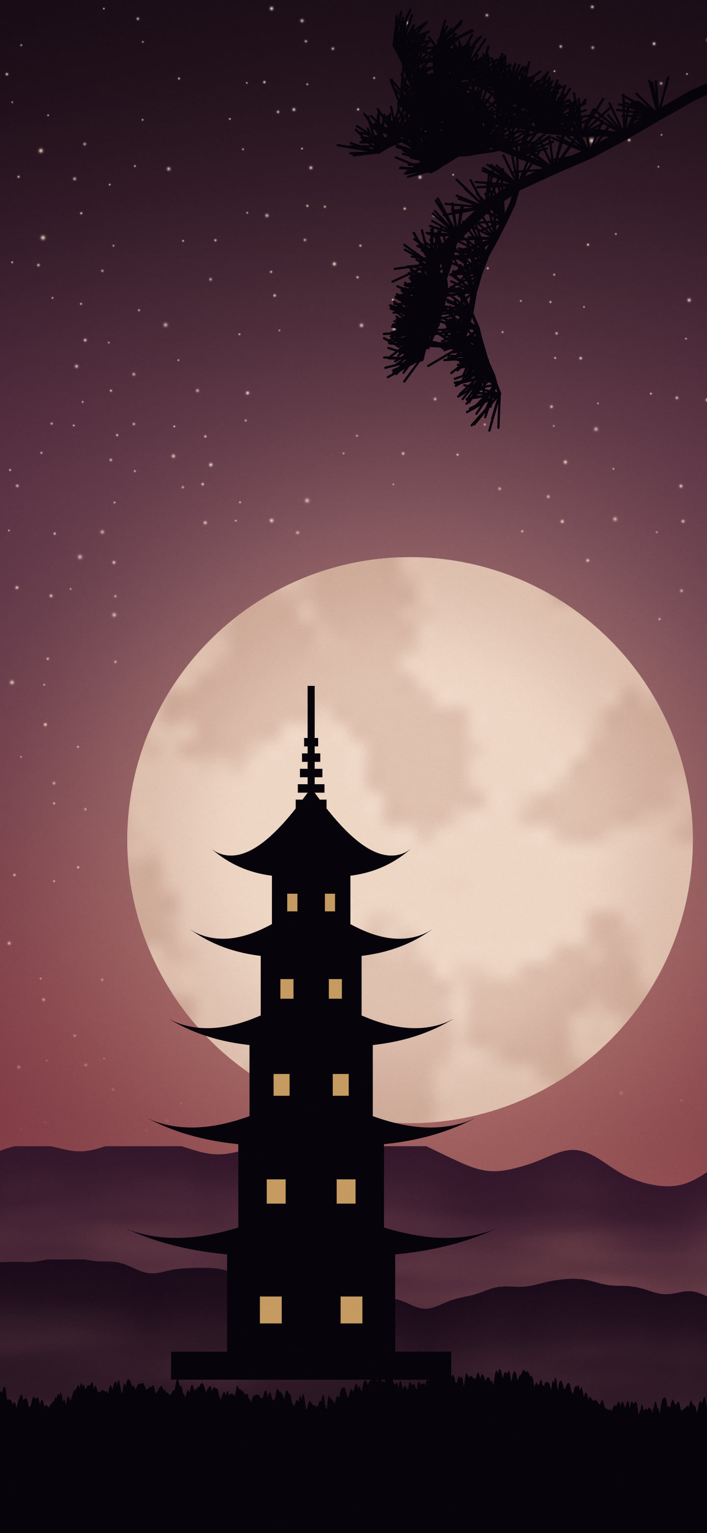 Dark Red Japanese Pagoda and Moon wallpaper for iPhone and Android