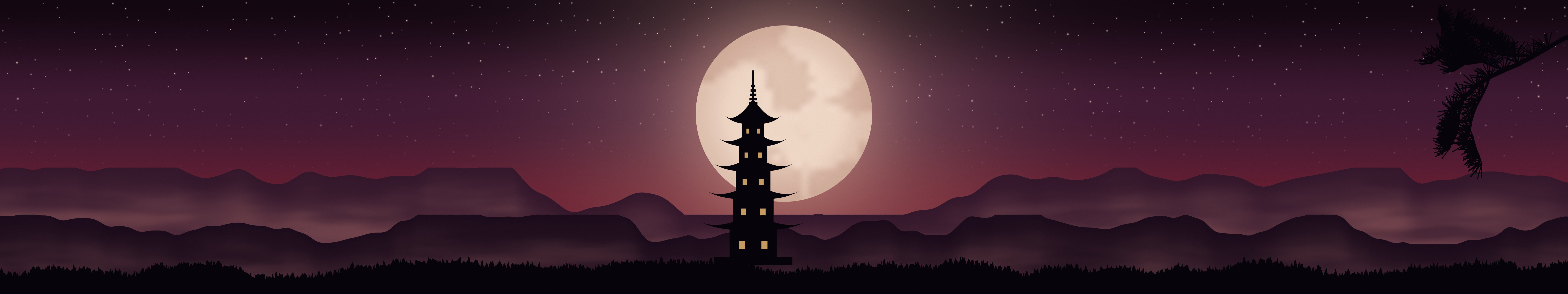 Dark Red Japanese Pagoda and Moon triple monitor wallpaper, 7680 × 1440