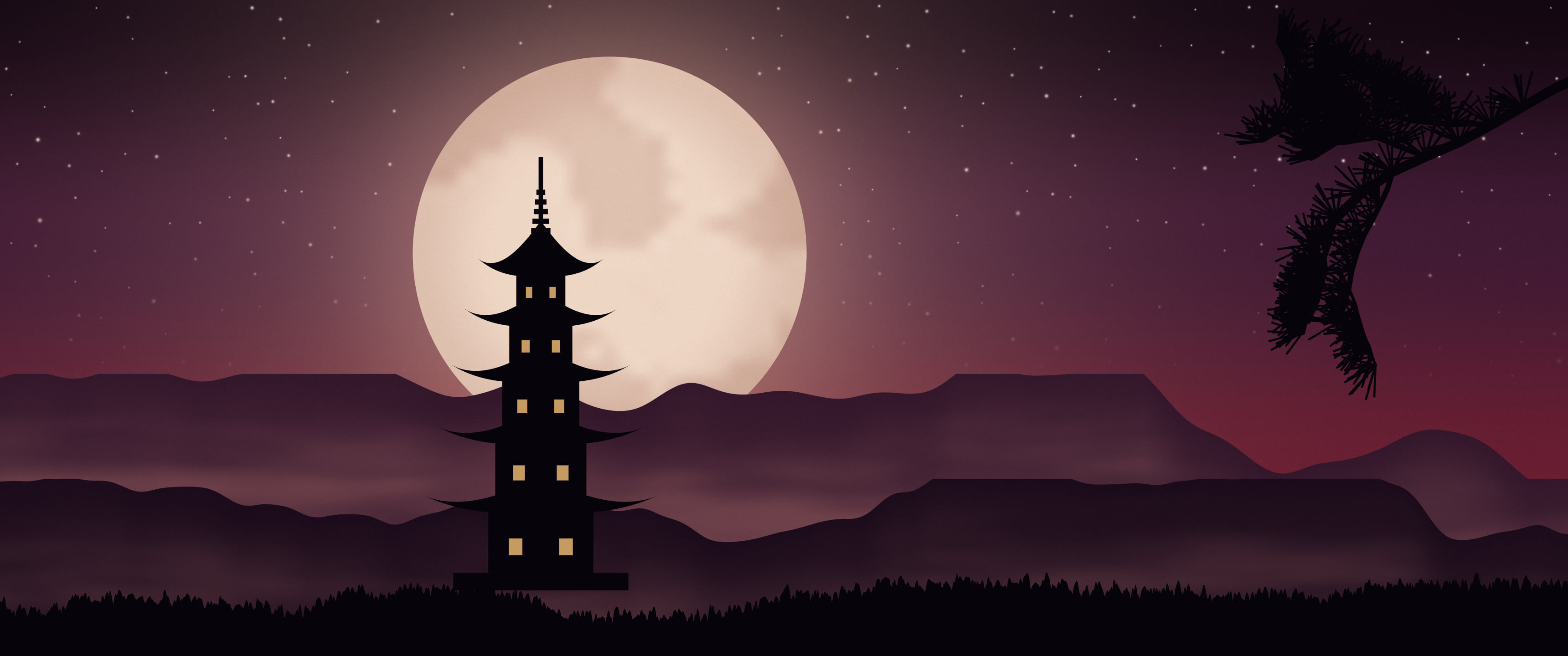 Dark Red Japanese Pagoda and Moon ultrawide wallpaper, 3440 × 1440