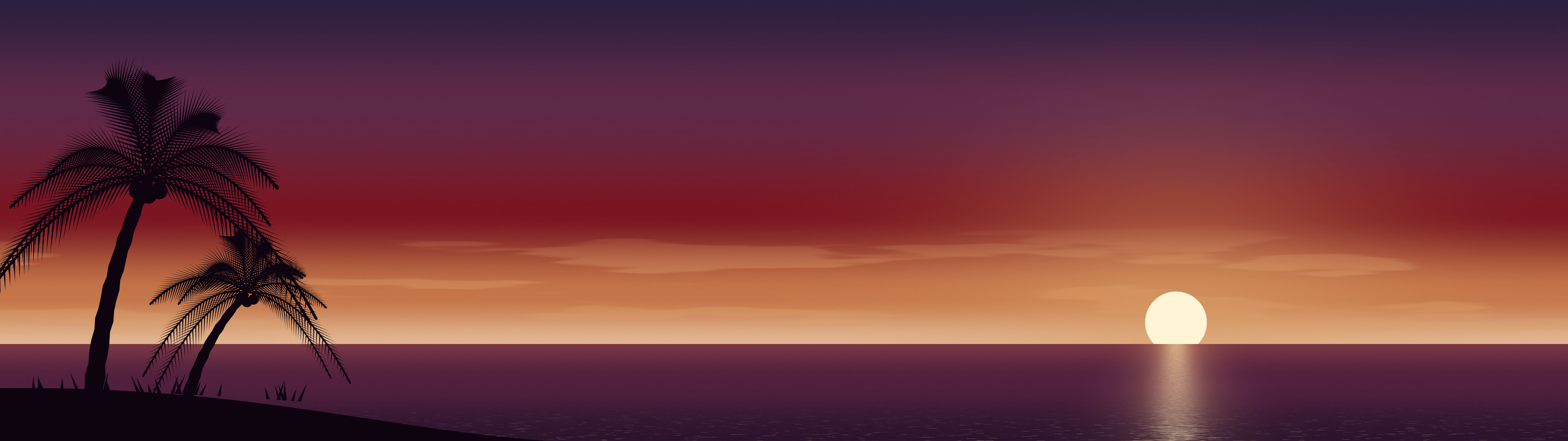 Dark Red Palm Tree Sunset dual monitor wallpaper, 7680 × 2160