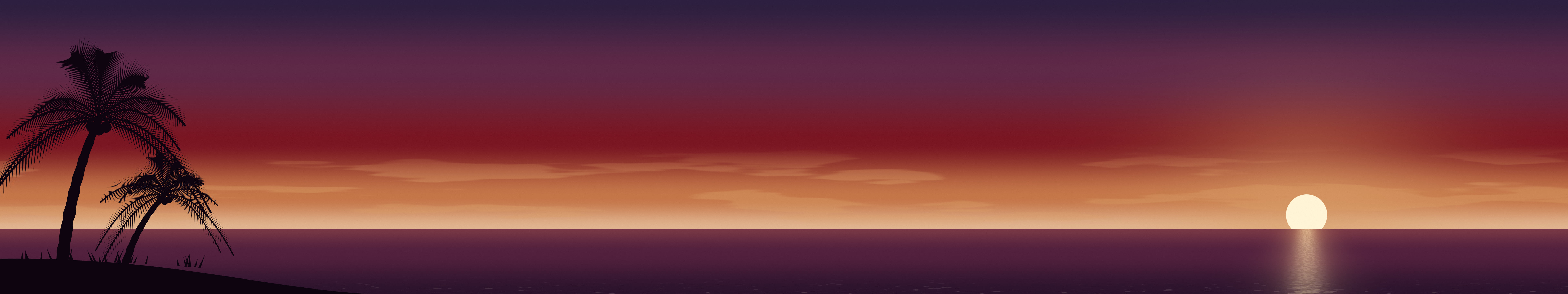 Dark Red Palm Tree Sunset triple monitor wallpaper, 7680 × 1440