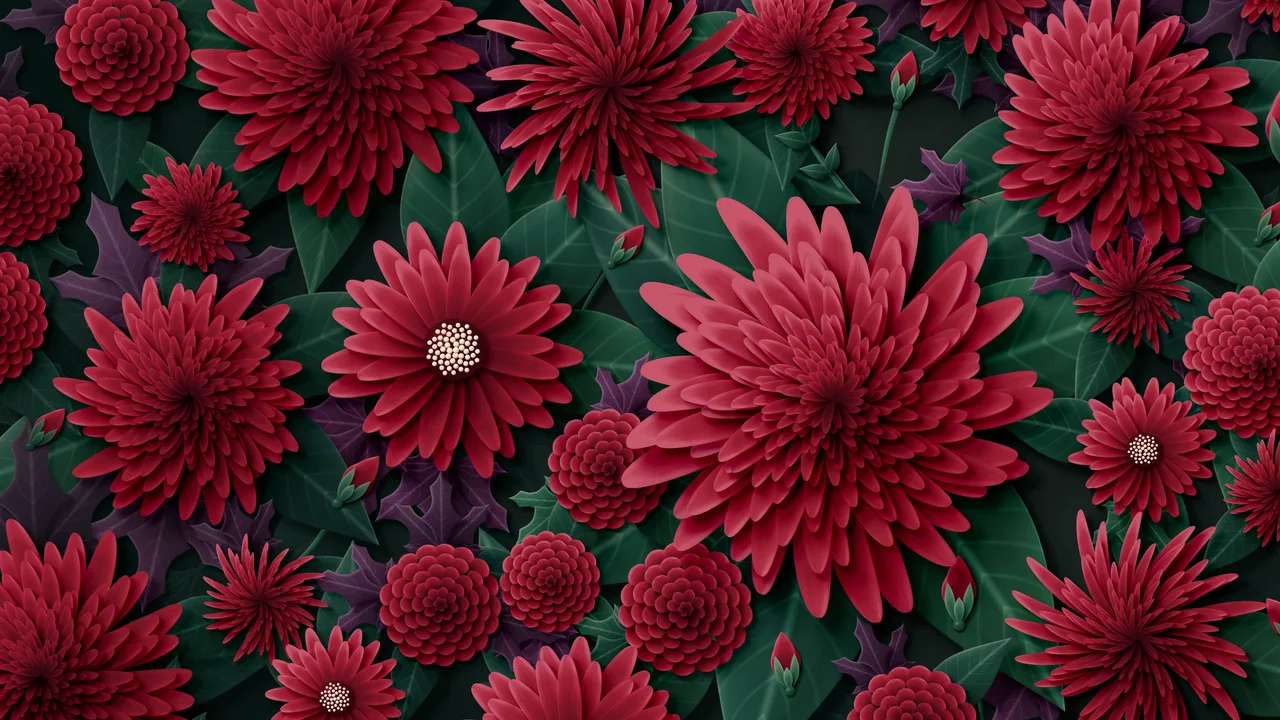Dark Red Paper Chrysanthemums desktop wallpaper in 4K
