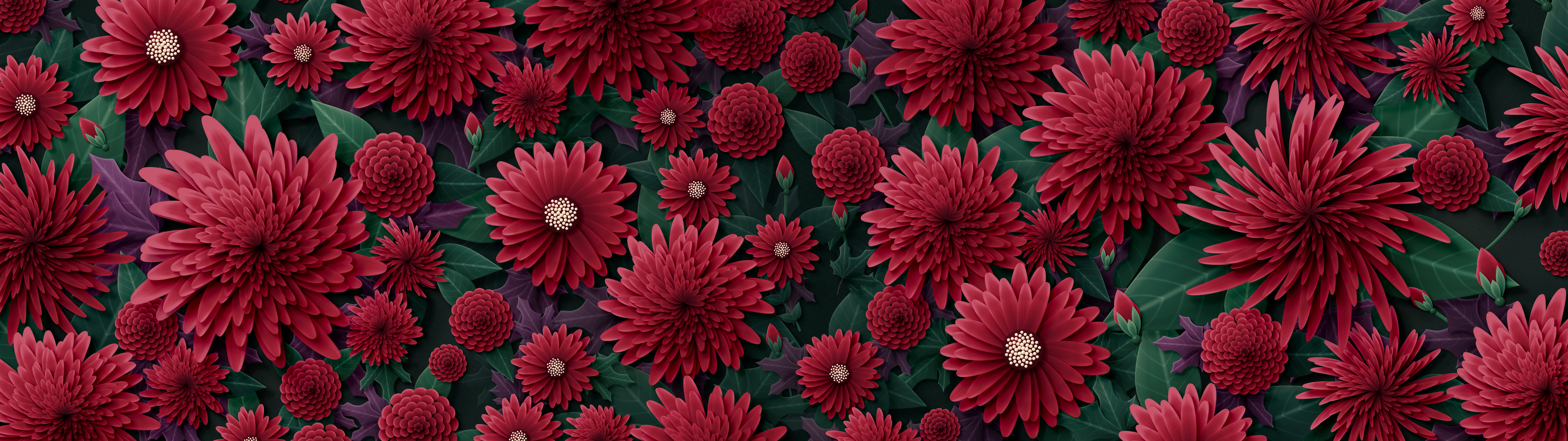Dark Red Paper Chrysanthemums dual monitor wallpaper, 7680 × 2160