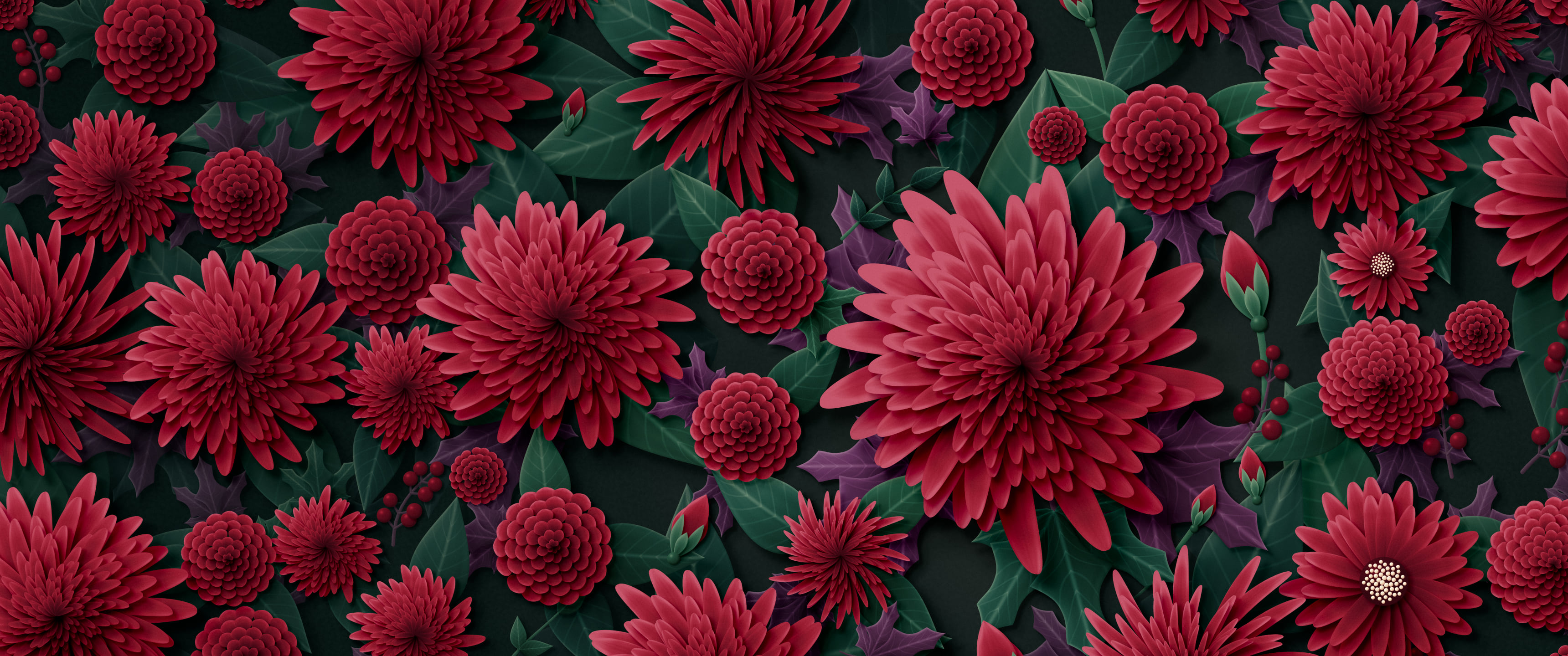 Dark Red Paper Chrysanthemums ultrawide wallpaper, 3440 × 1440