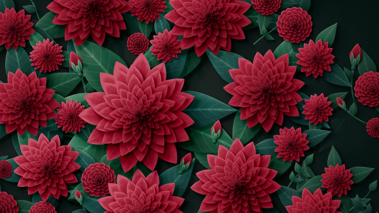 Dark Red Paper Dahlias desktop wallpaper in 4K