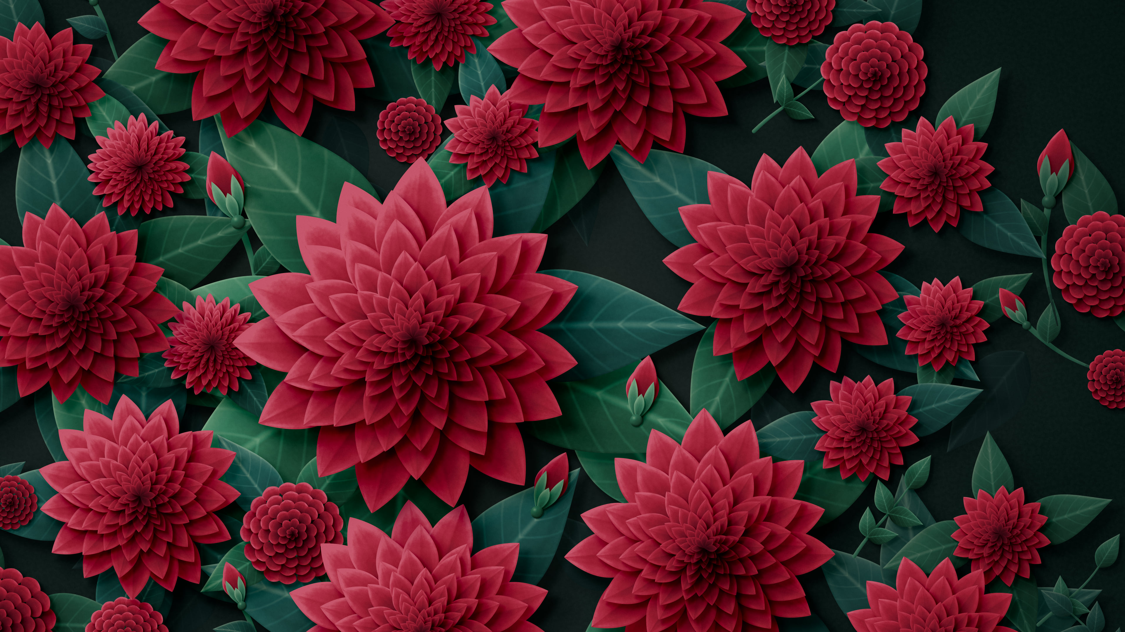 Dark Red Paper Dahlias desktop wallpaper in 4K