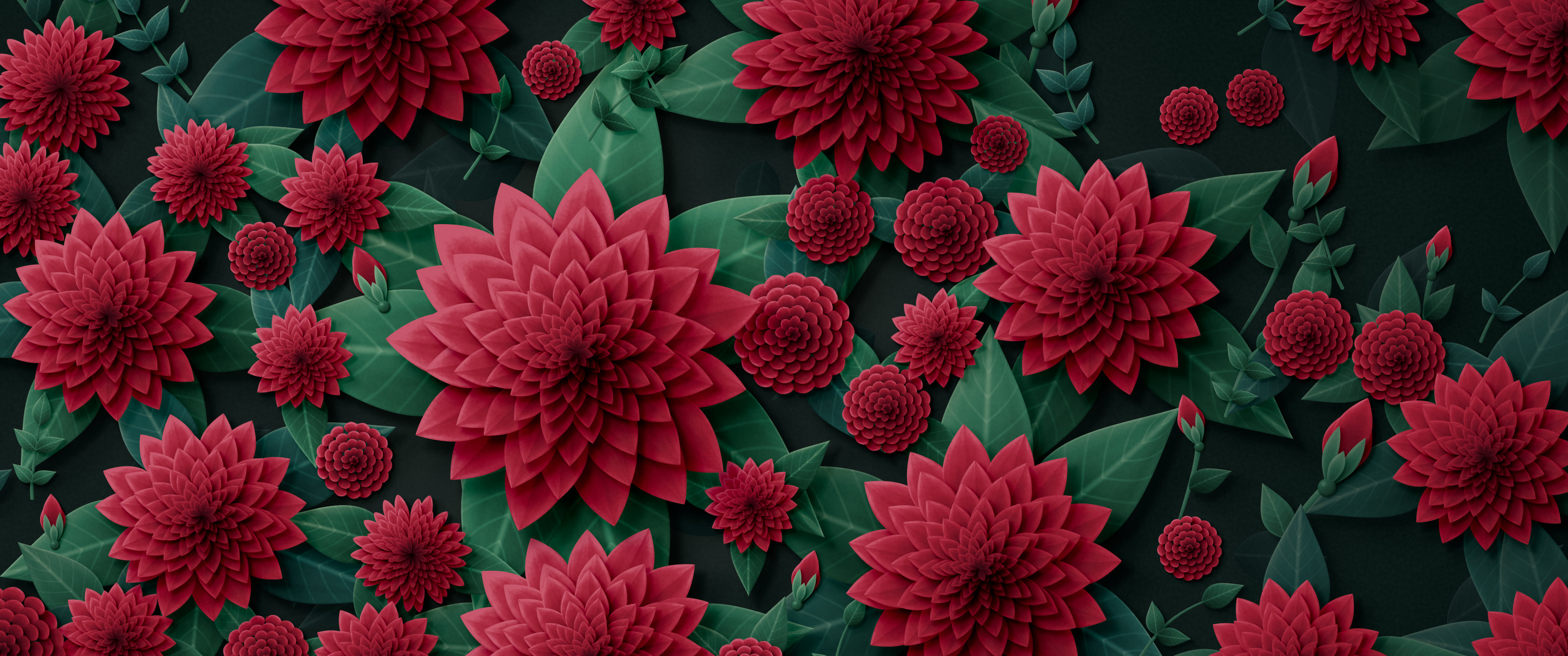 Dark Red Paper Dahlias ultrawide wallpaper, 3440 × 1440