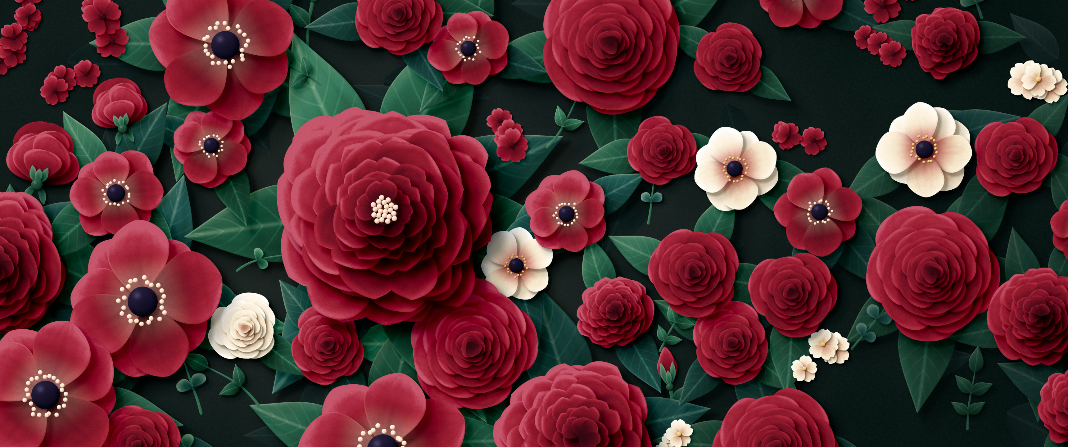 Dark Red Paper Flower Garden ultrawide wallpaper, 3440 × 1440