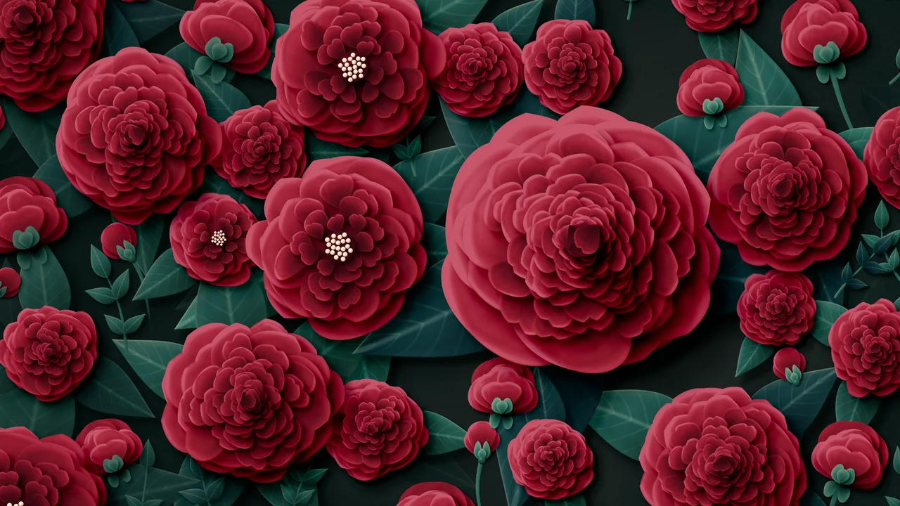 Dark Red Paper Peonies desktop wallpaper in 4K