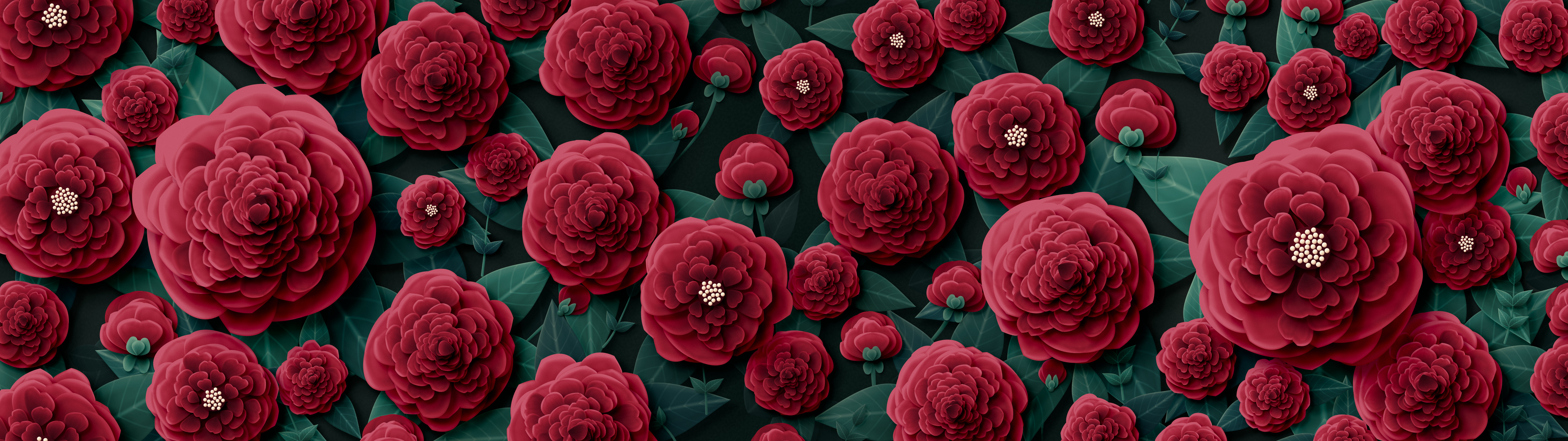 Dark Red Paper Peonies dual monitor wallpaper, 7680 × 2160