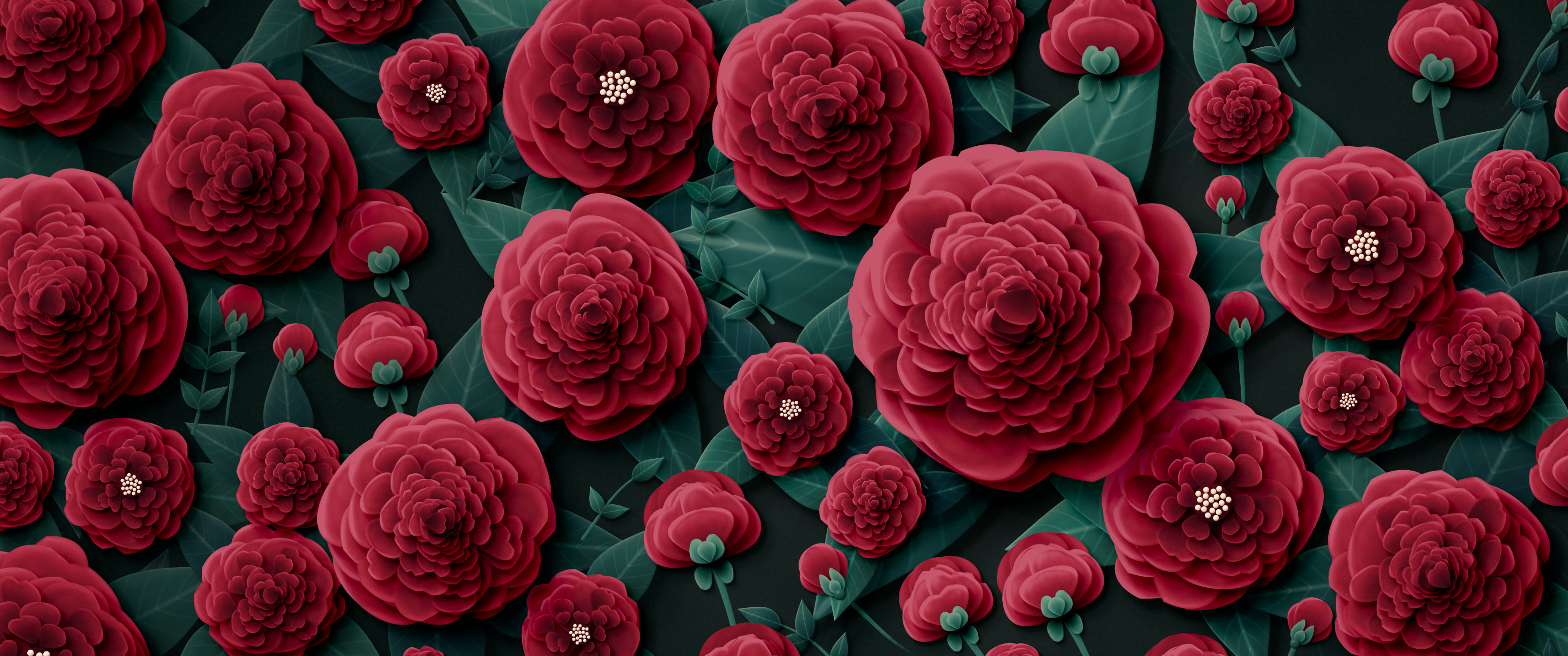 Dark Red Paper Peonies ultrawide wallpaper, 3440 × 1440