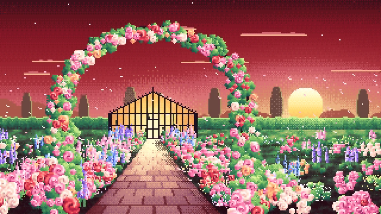 Dark Red Pixel Art Rose Garden at Sunset desktop wallpaper in 4K