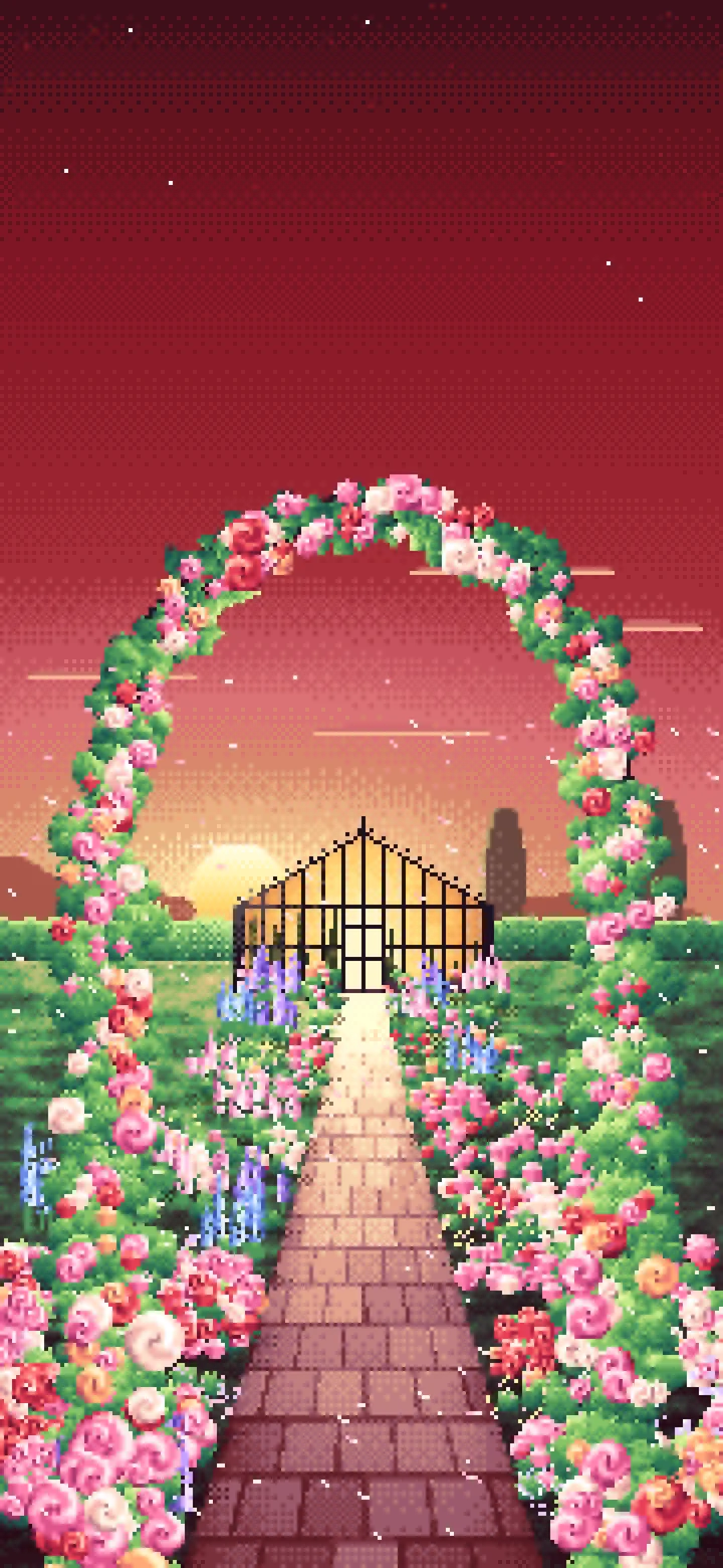 Dark Red Pixel Art Rose Garden at Sunset wallpaper for iPhone and Android