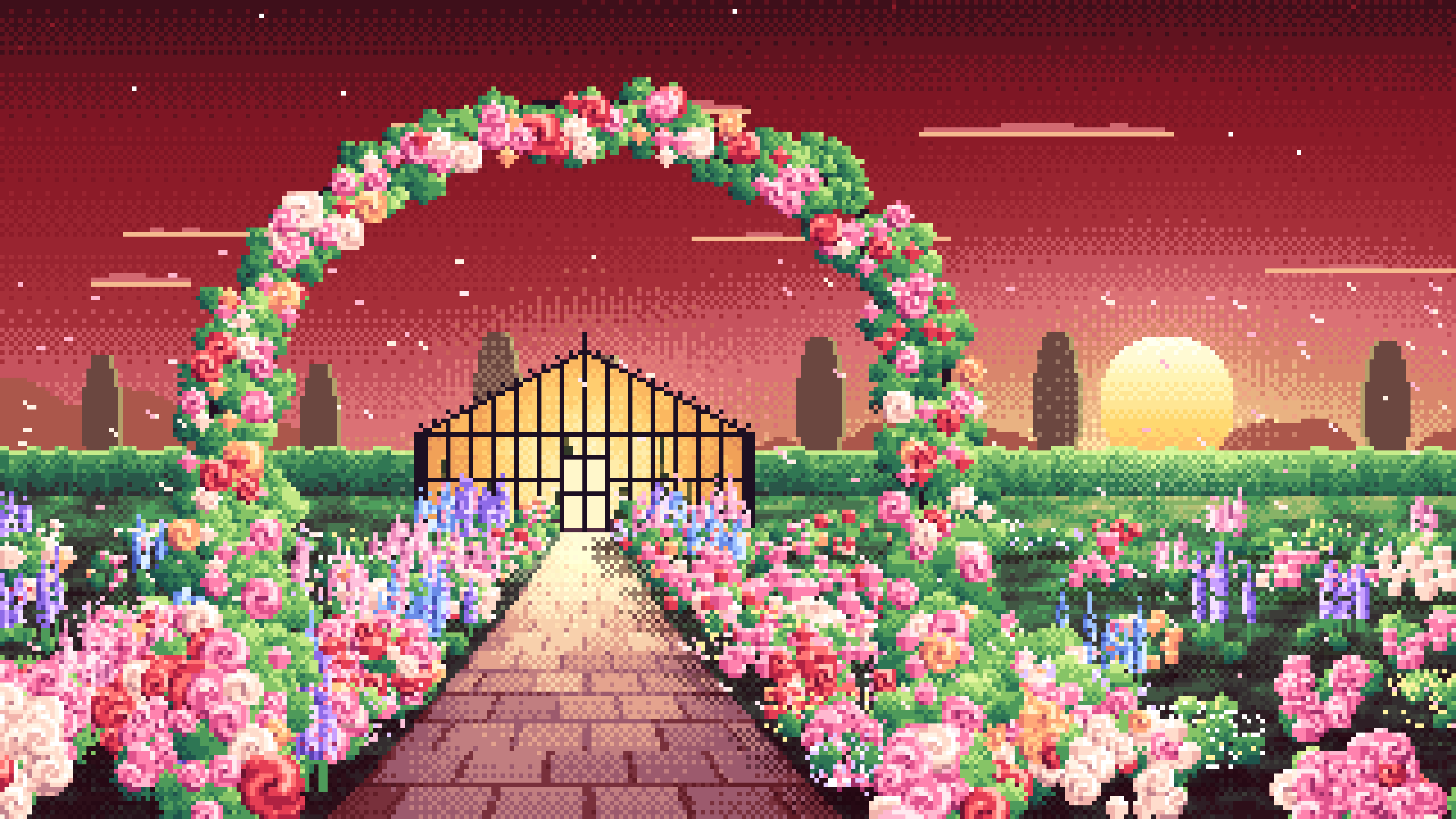 Dark Red Pixel Art Rose Garden at Sunset desktop wallpaper in 4K