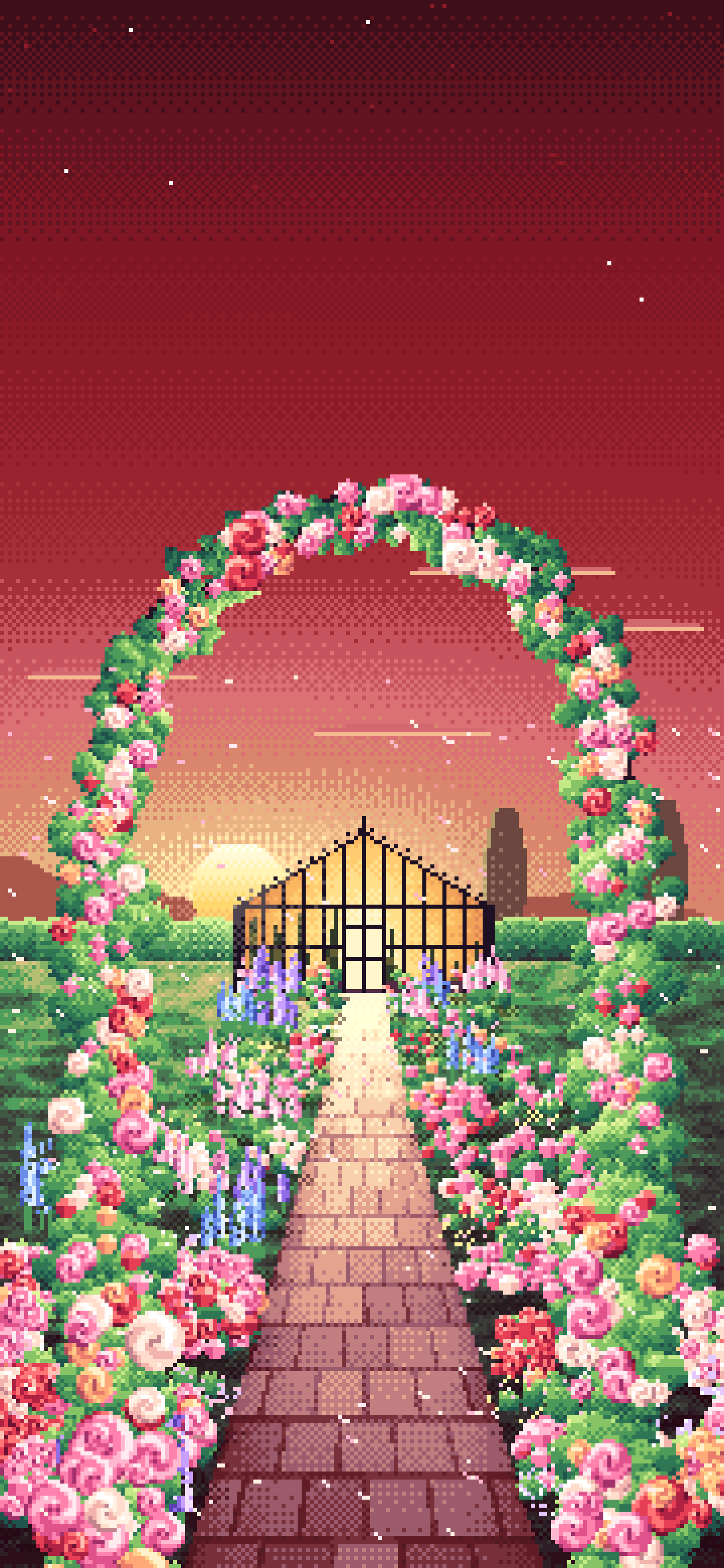 Dark Red Pixel Art Rose Garden at Sunset wallpaper for iPhone and Android
