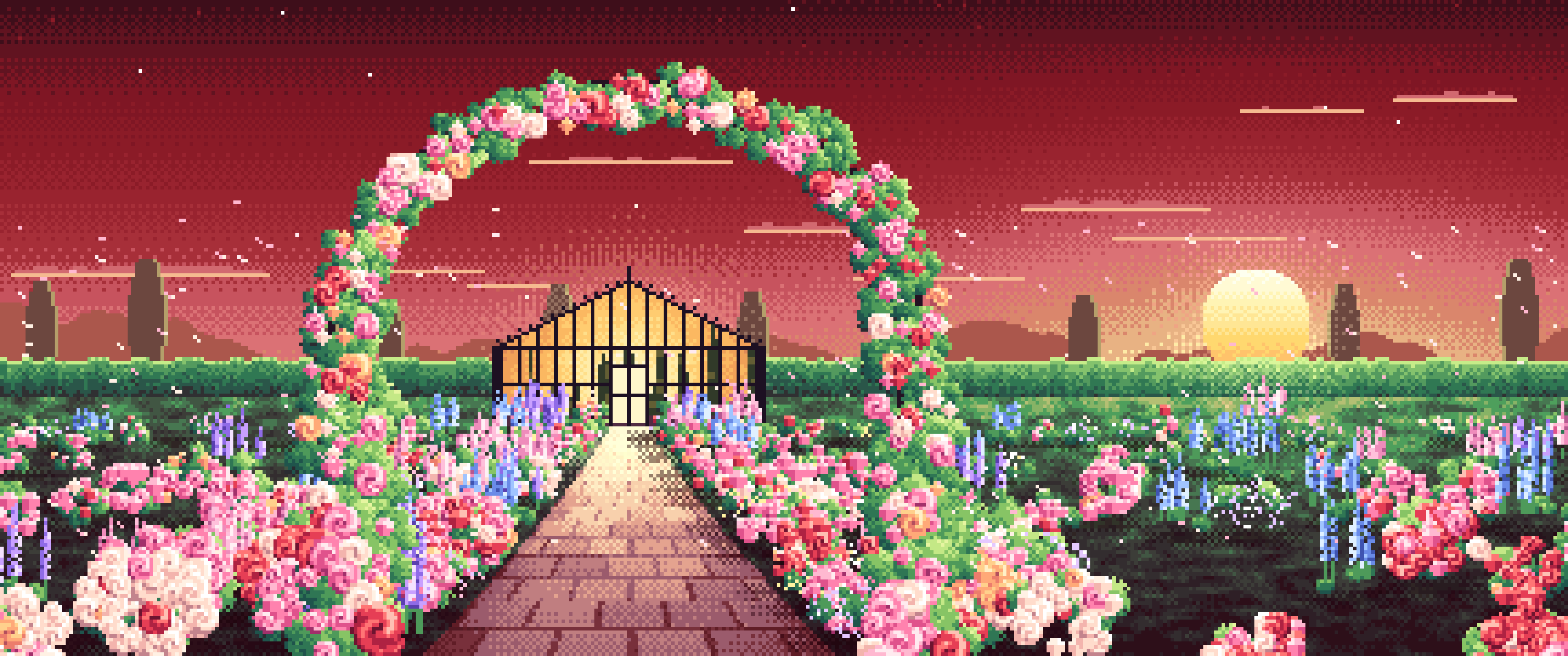 Dark Red Pixel Art Rose Garden at Sunset ultrawide wallpaper, 3440 × 1440