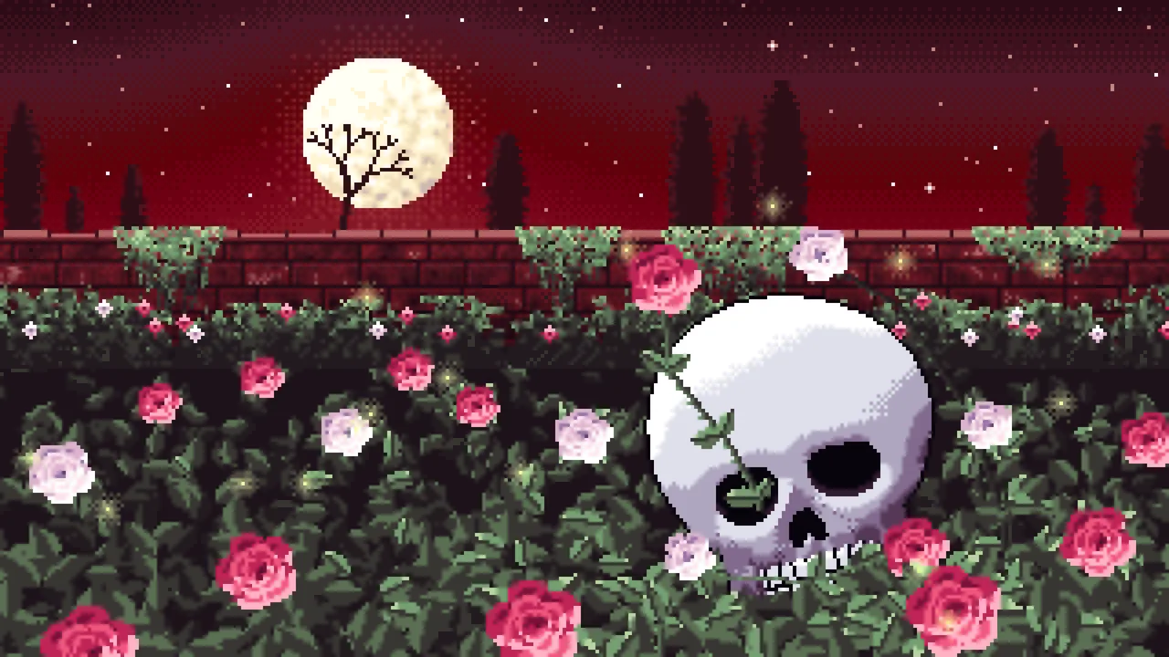 Dark Red Pixel Art Skull and Roses by Moonlight desktop wallpaper in 4K