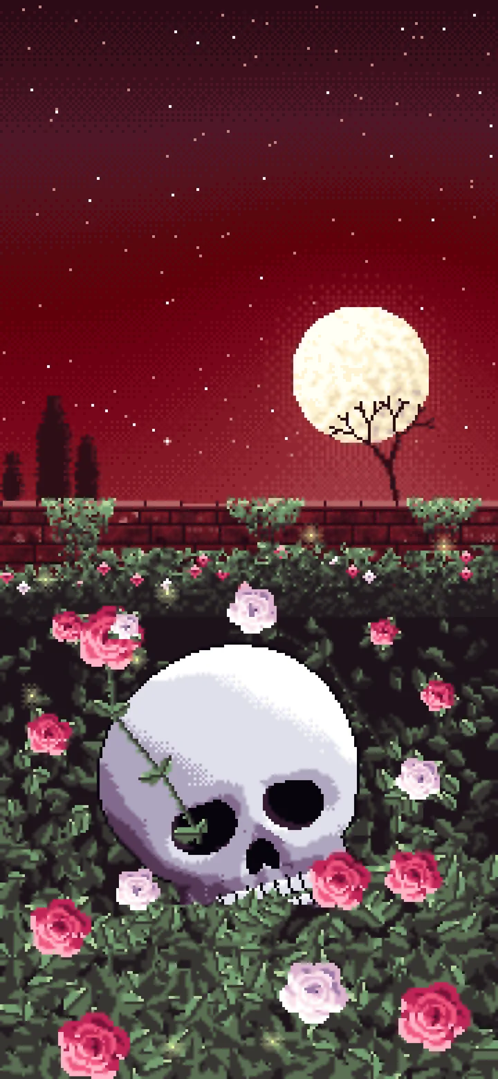 Dark Red Pixel Art Skull and Roses by Moonlight wallpaper for iPhone and Android