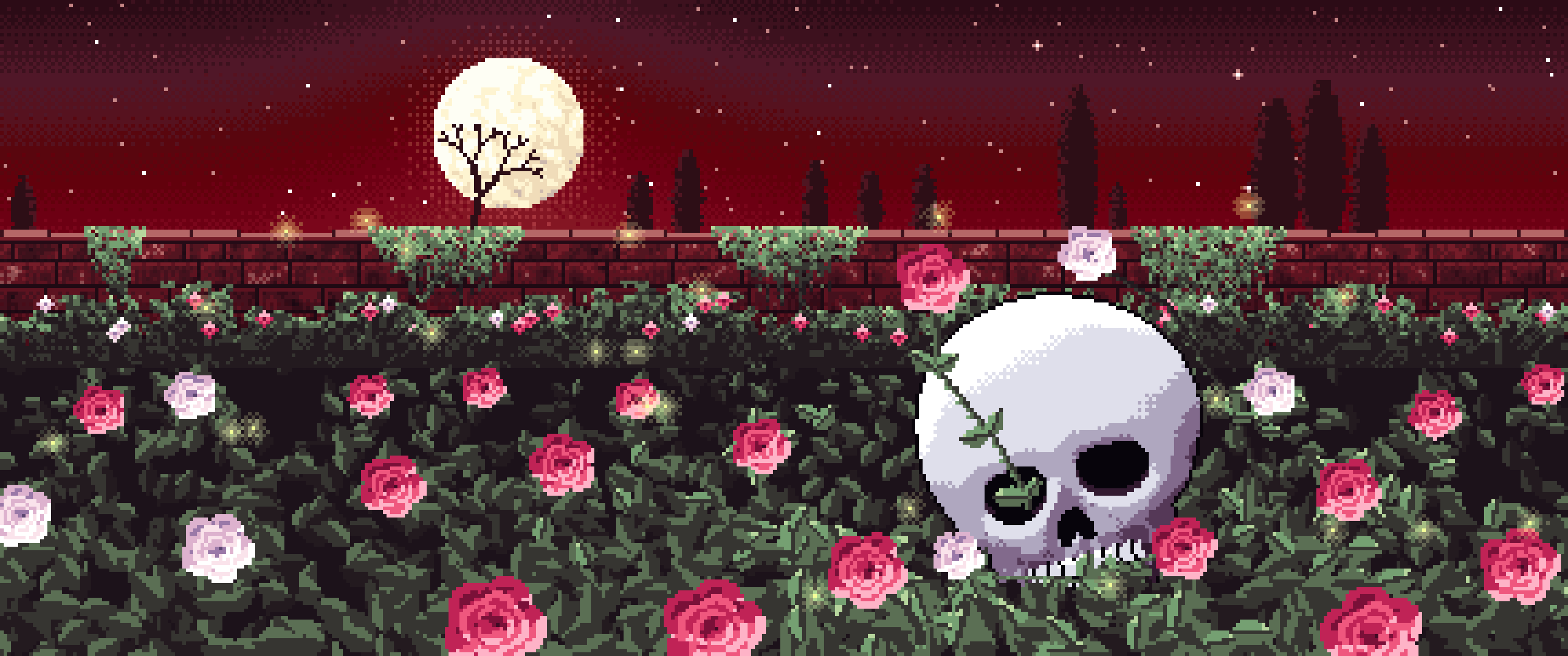 Dark Red Pixel Art Skull and Roses by Moonlight ultrawide wallpaper, 3440 × 1440