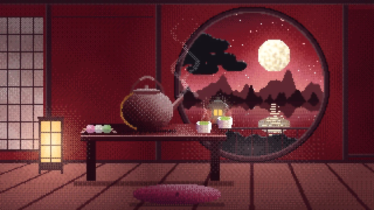 Dark Red Pixel Art Tea House and Moon Window desktop wallpaper in 4K