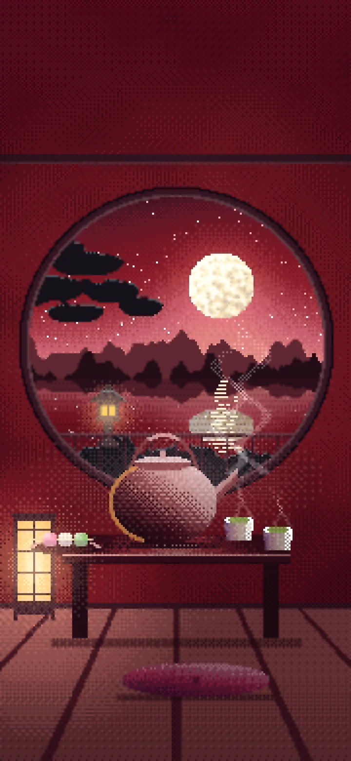 Dark Red Pixel Art Tea House and Moon Window wallpaper for iPhone and Android