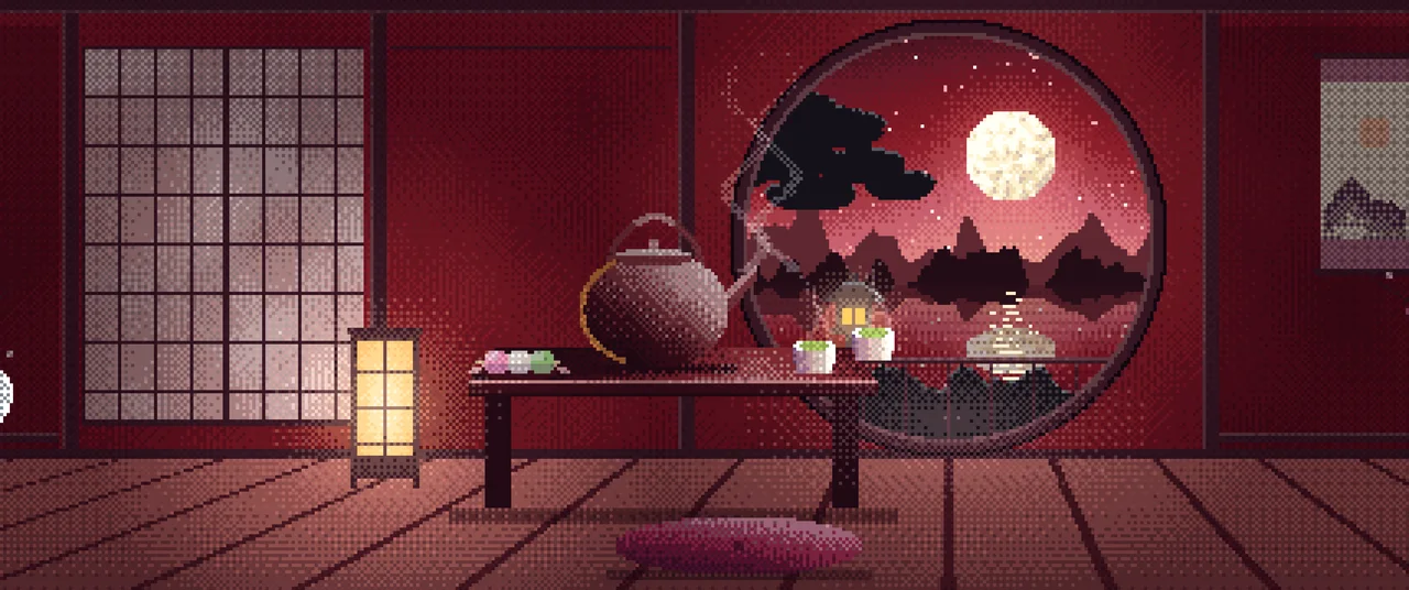 Dark Red Pixel Art Tea House and Moon Window ultrawide wallpaper, 3440 × 1440