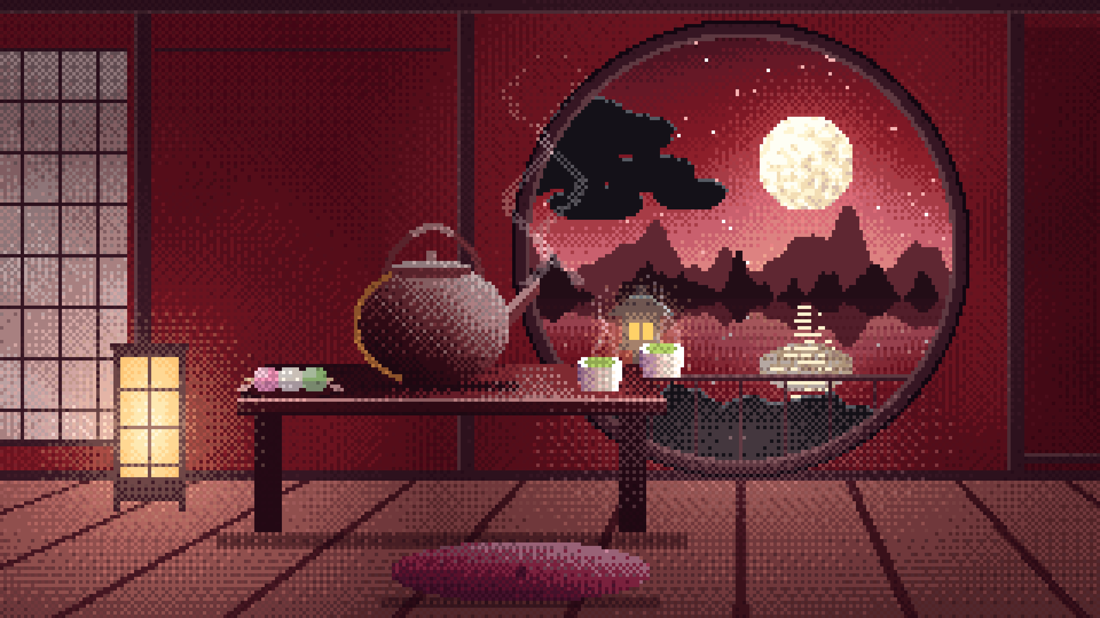 Dark Red Pixel Art Tea House and Moon Window desktop wallpaper in 4K