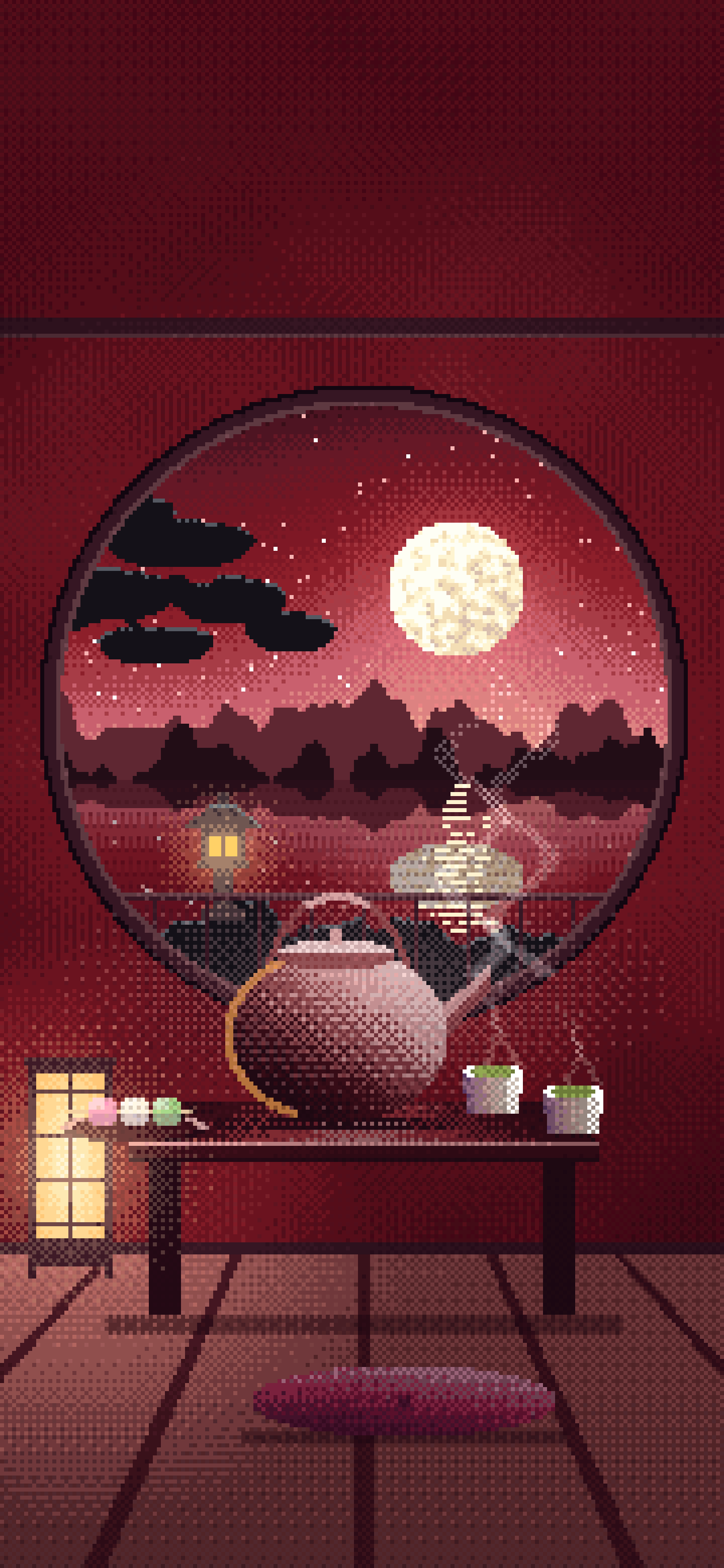 Dark Red Pixel Art Tea House and Moon Window wallpaper for iPhone and Android