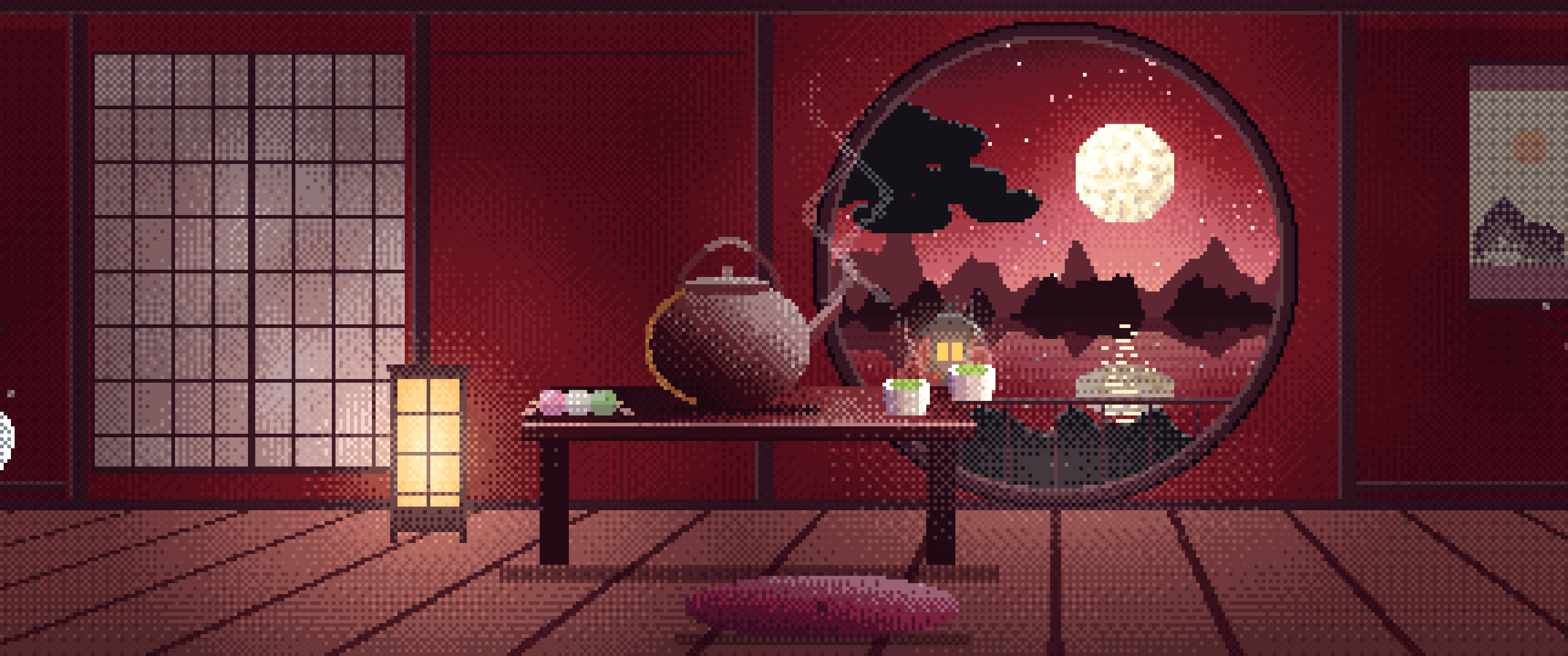 Dark Red Pixel Art Tea House and Moon Window ultrawide wallpaper, 3440 × 1440