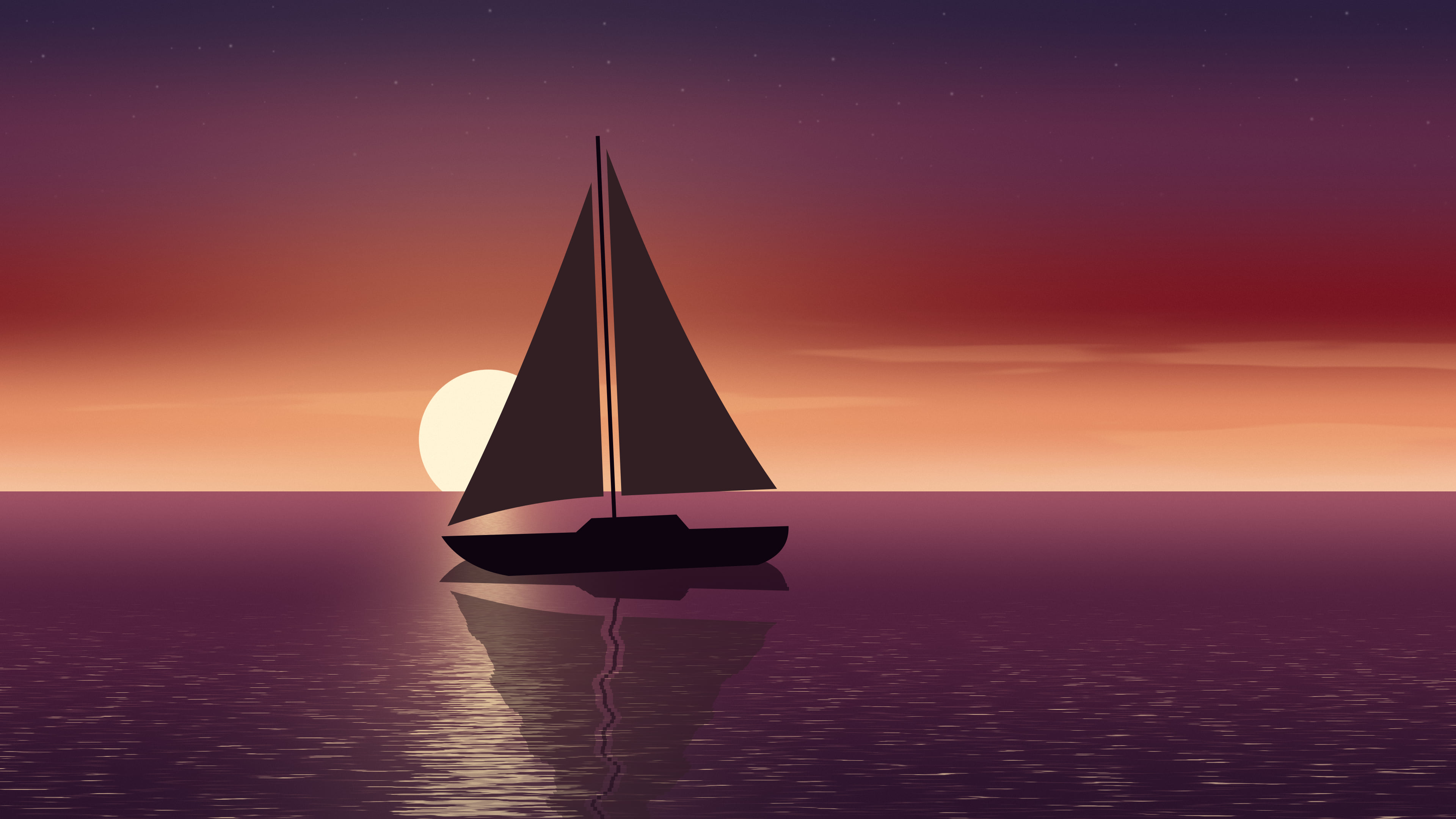 Dark Red Sailboat Sunset desktop wallpaper in 4K