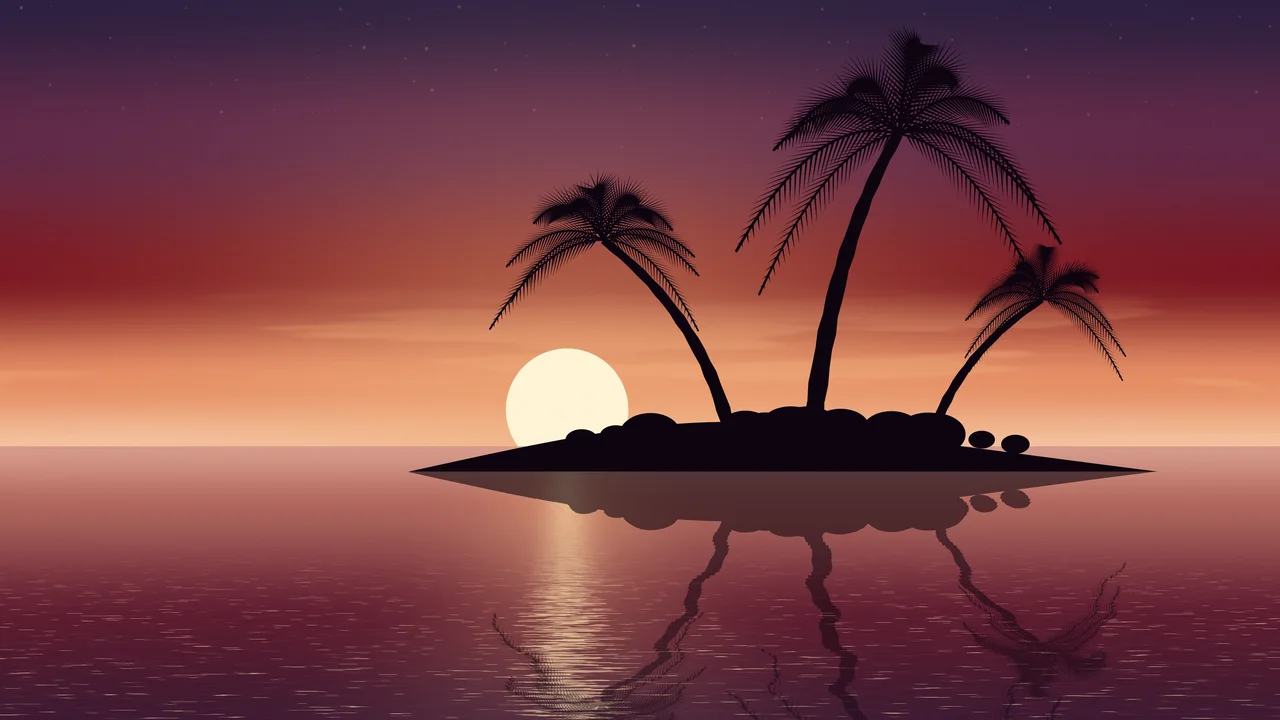 Dark Red Tropical Island Sunset desktop wallpaper in 4K