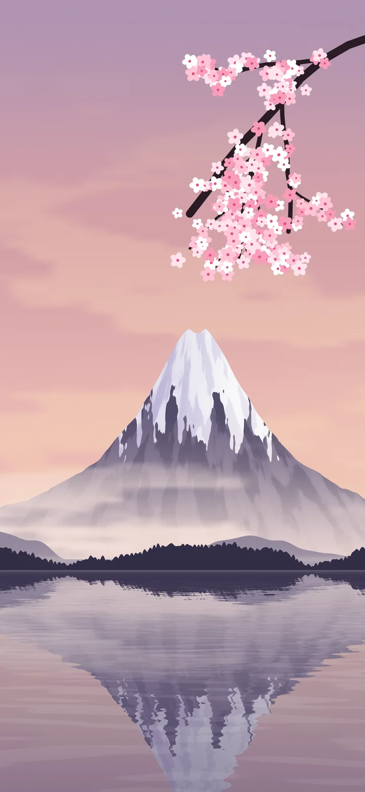 Dusty Rose Japanese Mountain and Cherry Blossom wallpaper for iPhone and Android