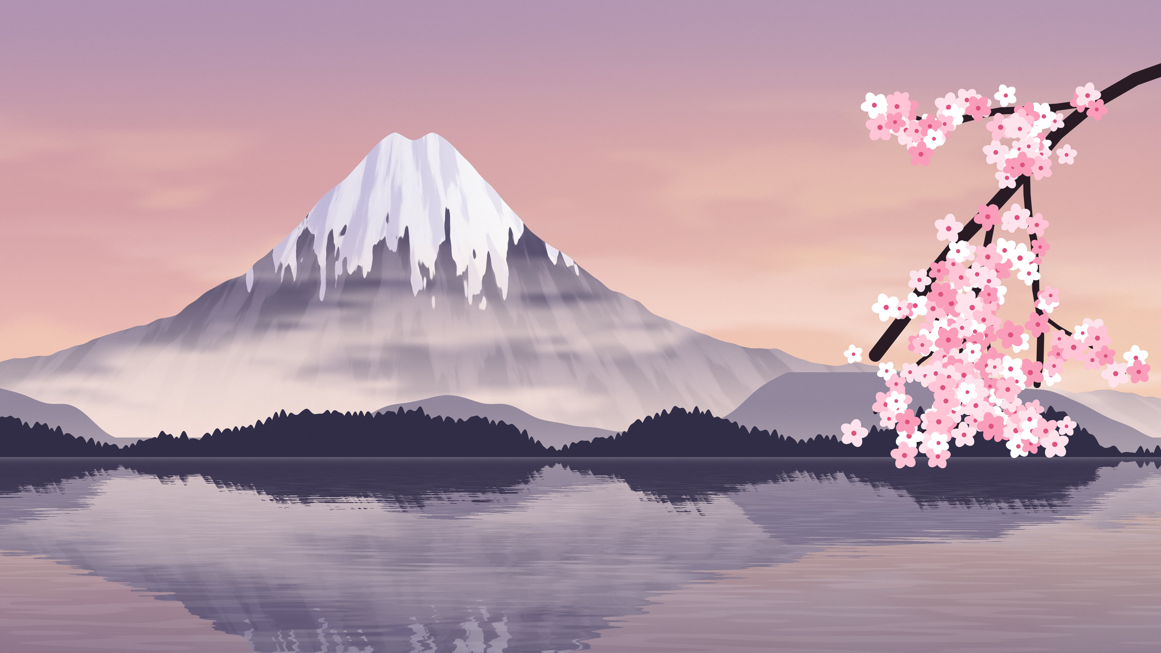 Dusty Rose Japanese Mountain and Cherry Blossom desktop wallpaper in 4K
