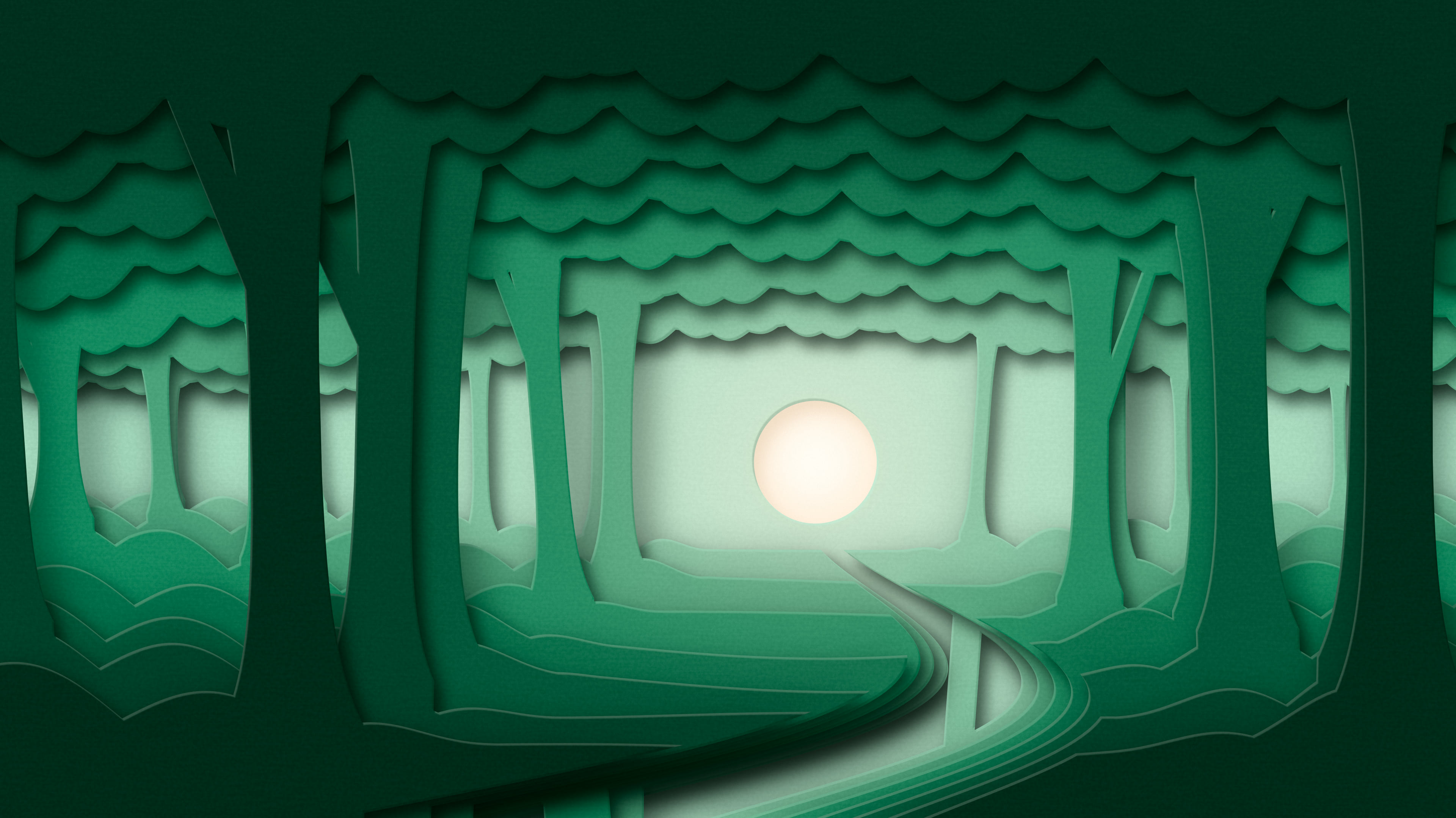 Emerald 3D Paper Cut Forest desktop wallpaper in 4K