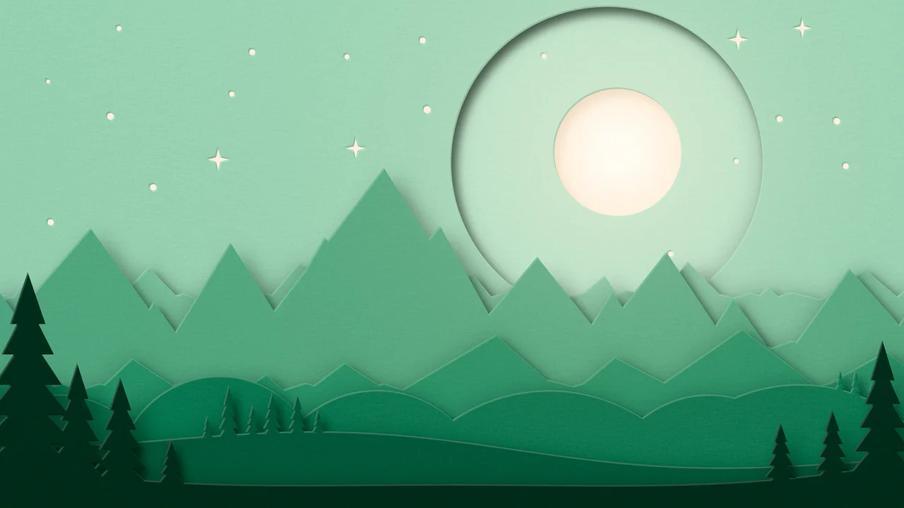 Emerald 3D Paper Cut Mountains and Moon desktop wallpaper in 4K
