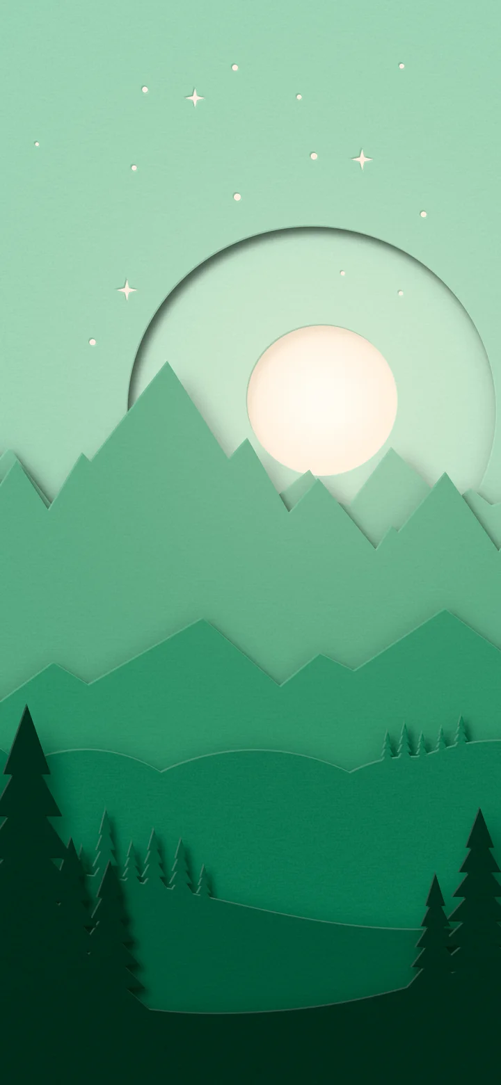 Emerald 3D Paper Cut Mountains and Moon wallpaper for iPhone and Android