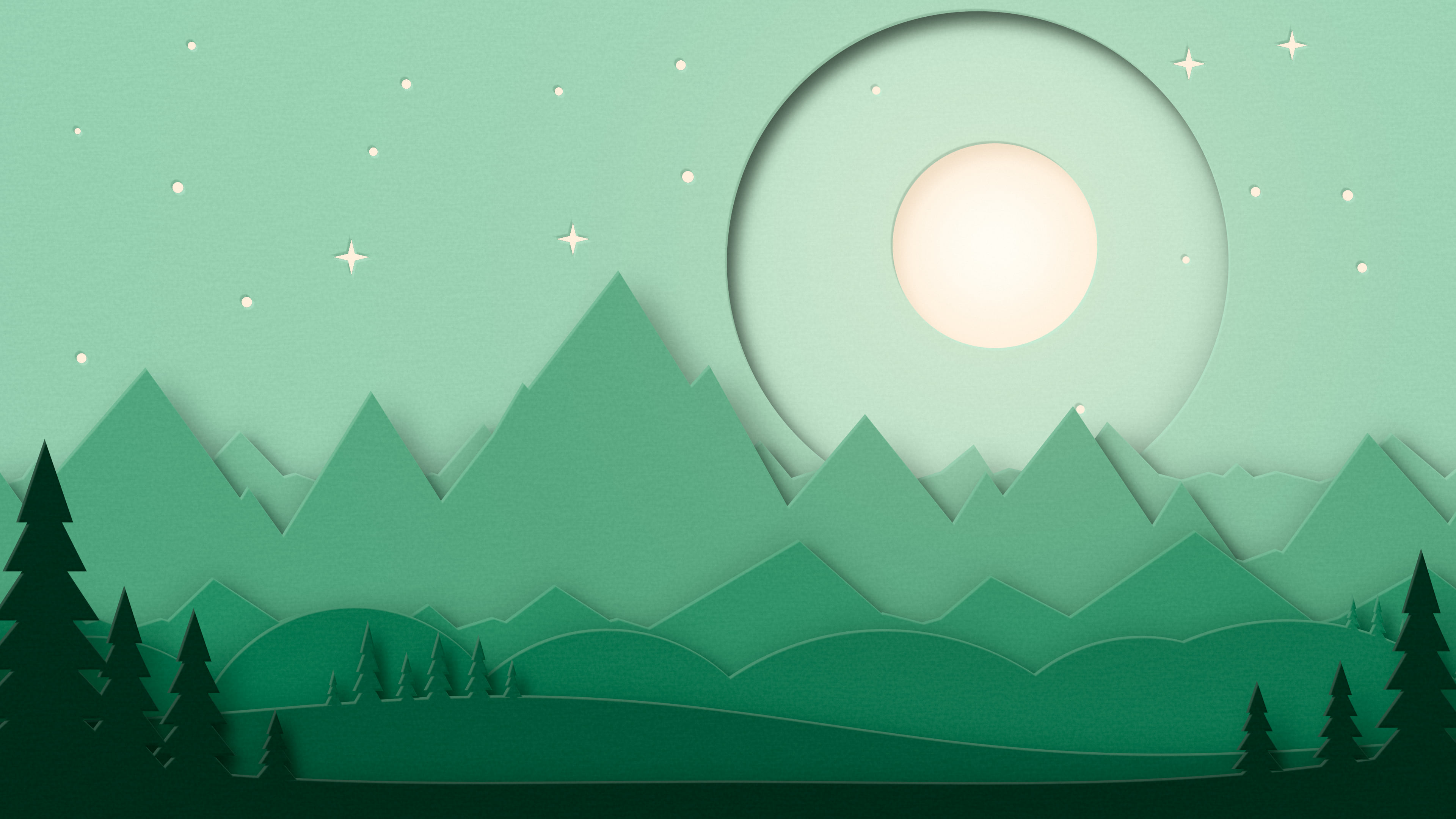 Emerald 3D Paper Cut Mountains and Moon desktop wallpaper in 4K