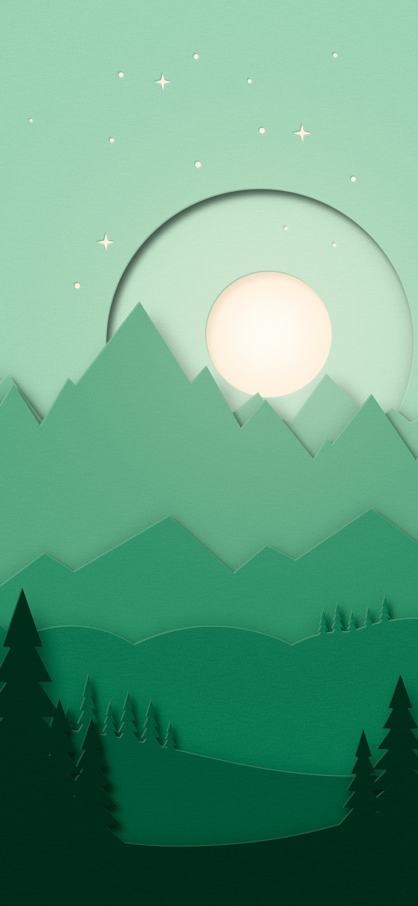 Emerald 3D Paper Cut Mountains and Moon wallpaper for iPhone and Android