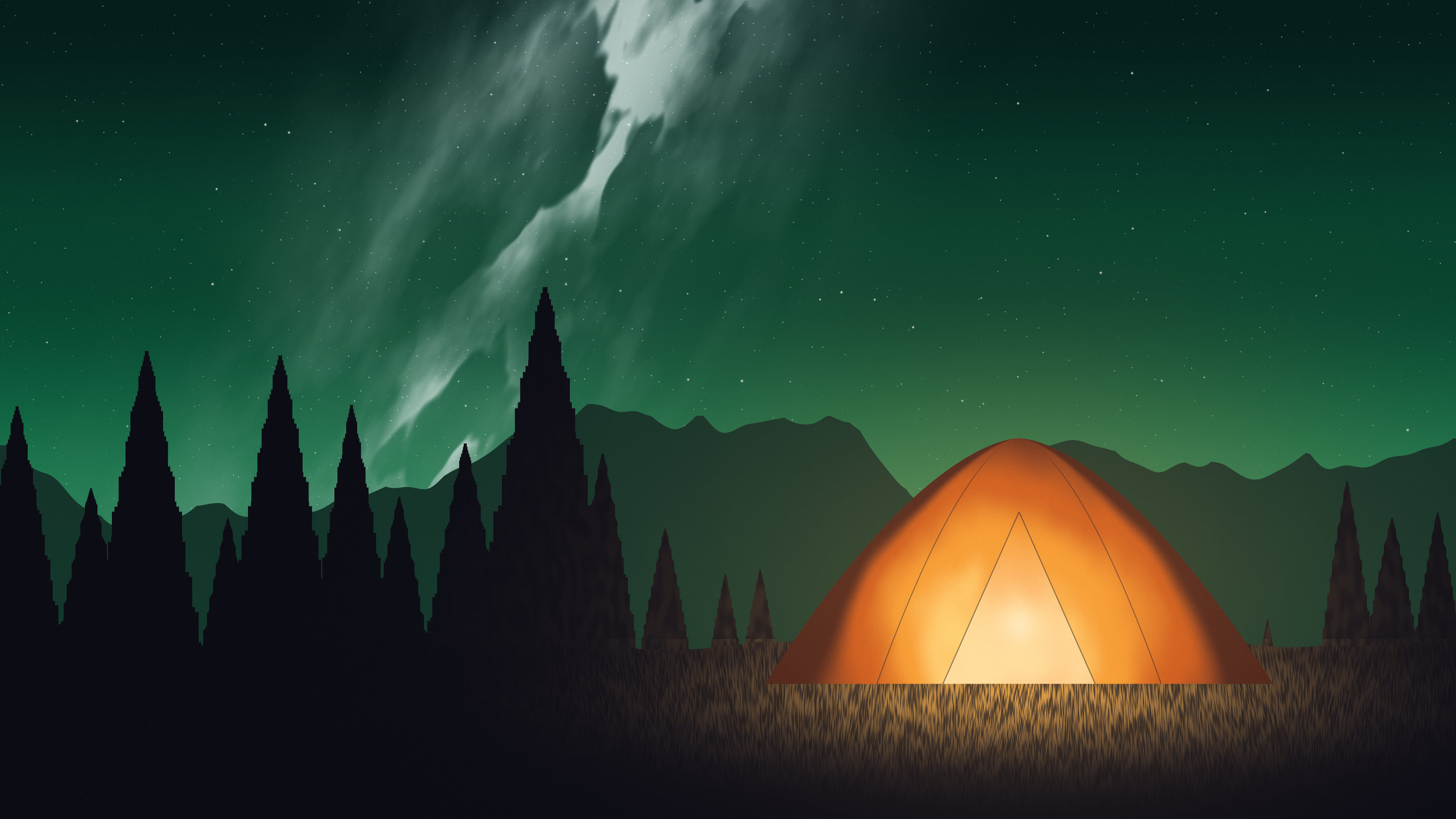 Emerald Camping Tent Under the Milky Way desktop wallpaper in 4K