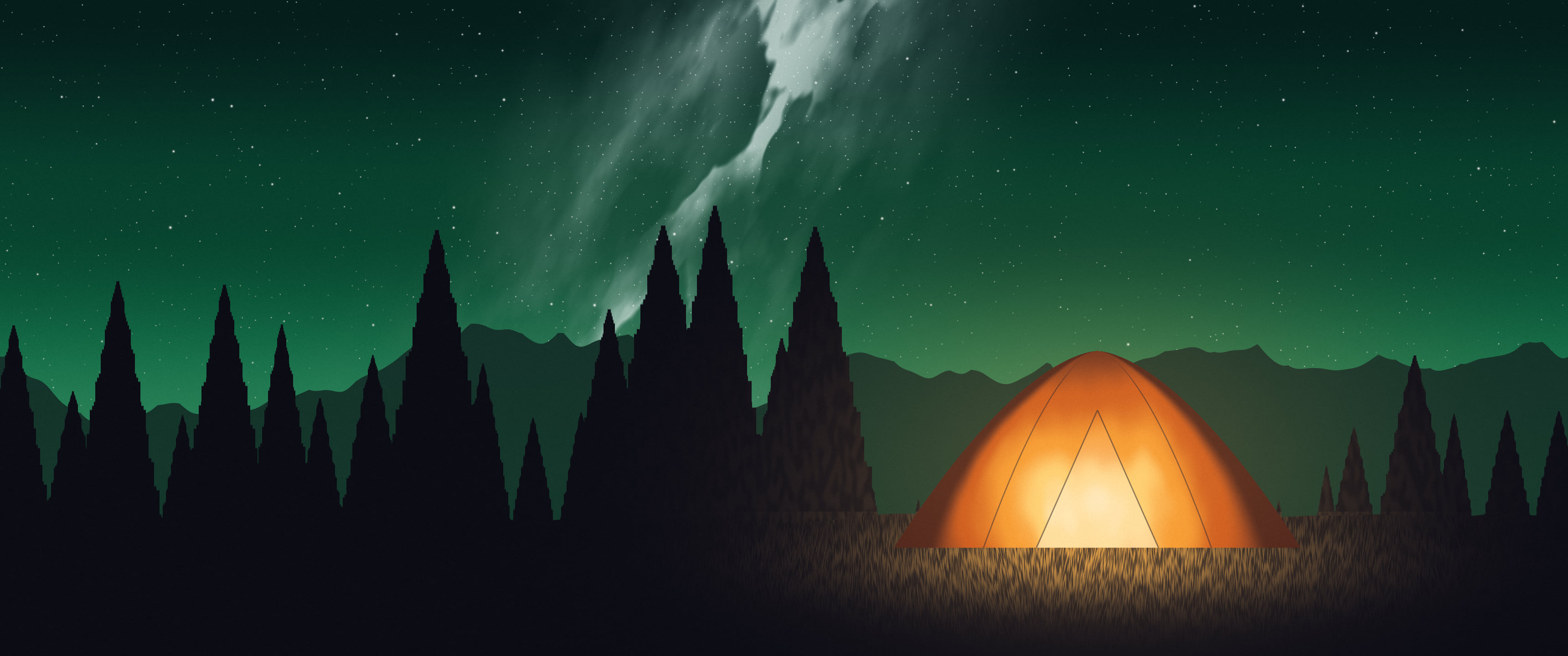 Emerald Camping Tent Under the Milky Way ultrawide wallpaper, 3440 × 1440