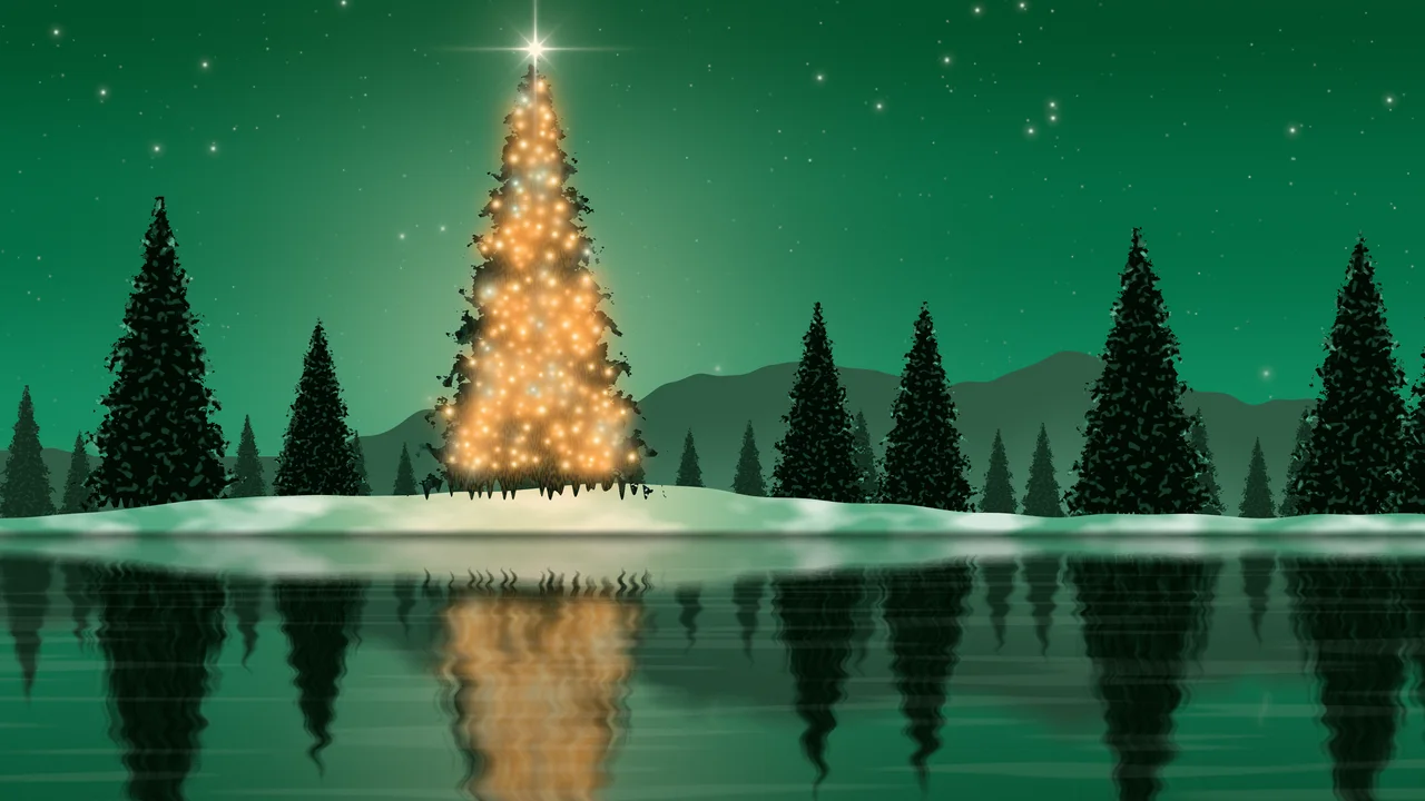 Emerald Christmas Tree by a Lake desktop wallpaper in 4K