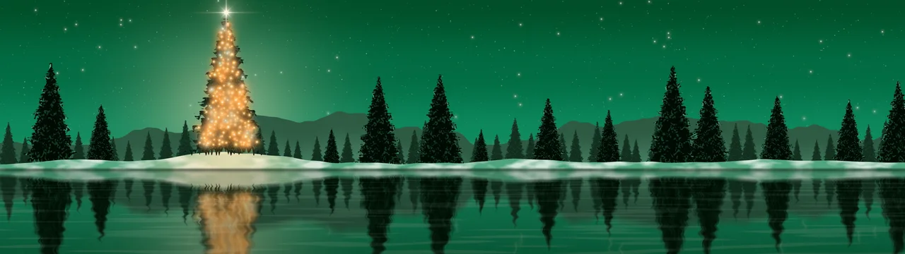 Emerald Christmas Tree by a Lake dual monitor wallpaper, 7680 × 2160