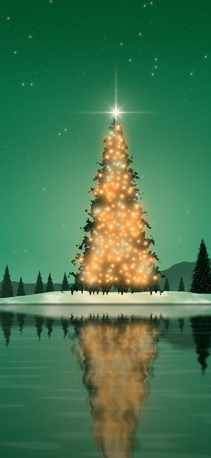 Emerald Christmas Tree by a Lake wallpaper for iPhone and Android