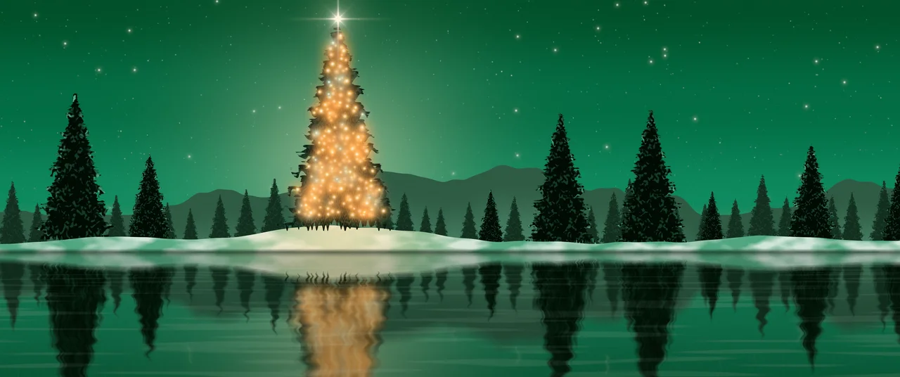 Emerald Christmas Tree by a Lake ultrawide wallpaper, 3440 × 1440