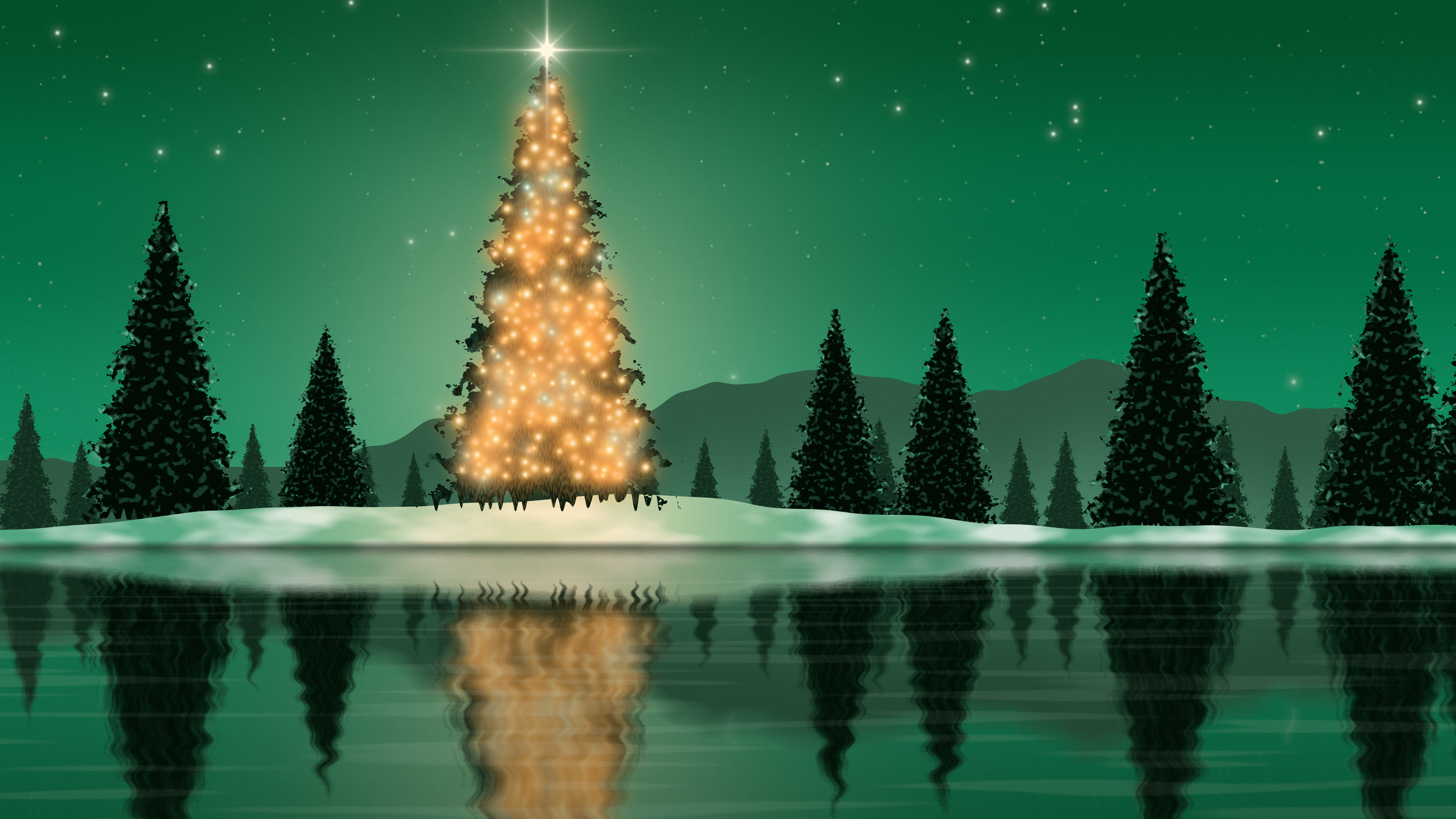Emerald Christmas Tree by a Lake desktop wallpaper in 4K