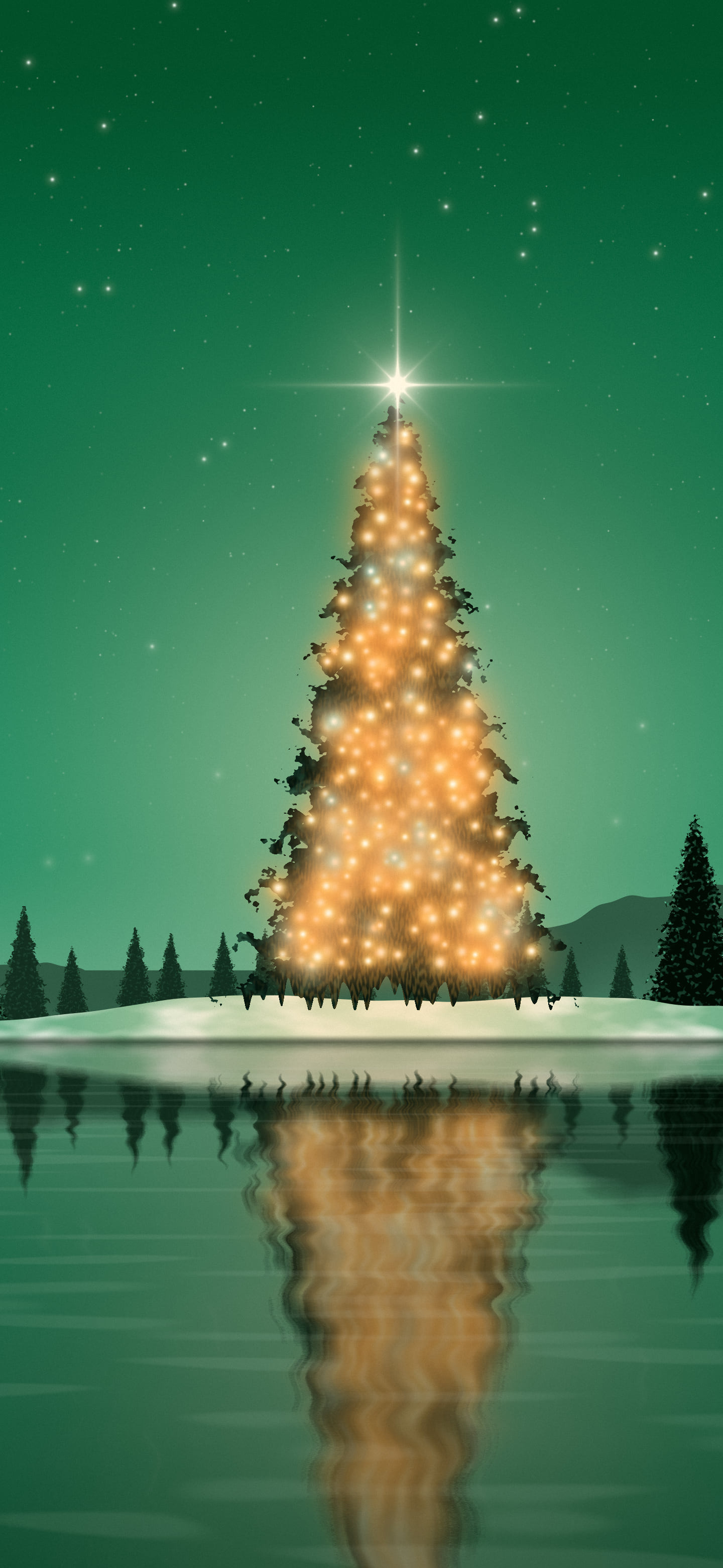 Emerald Christmas Tree by a Lake wallpaper for iPhone and Android