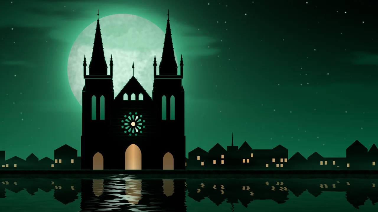 Emerald Gothic Cathedral and Full Moon desktop wallpaper in 4K
