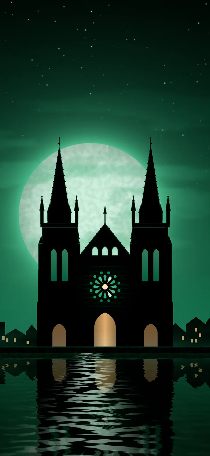 Emerald Gothic Cathedral and Full Moon wallpaper for iPhone and Android
