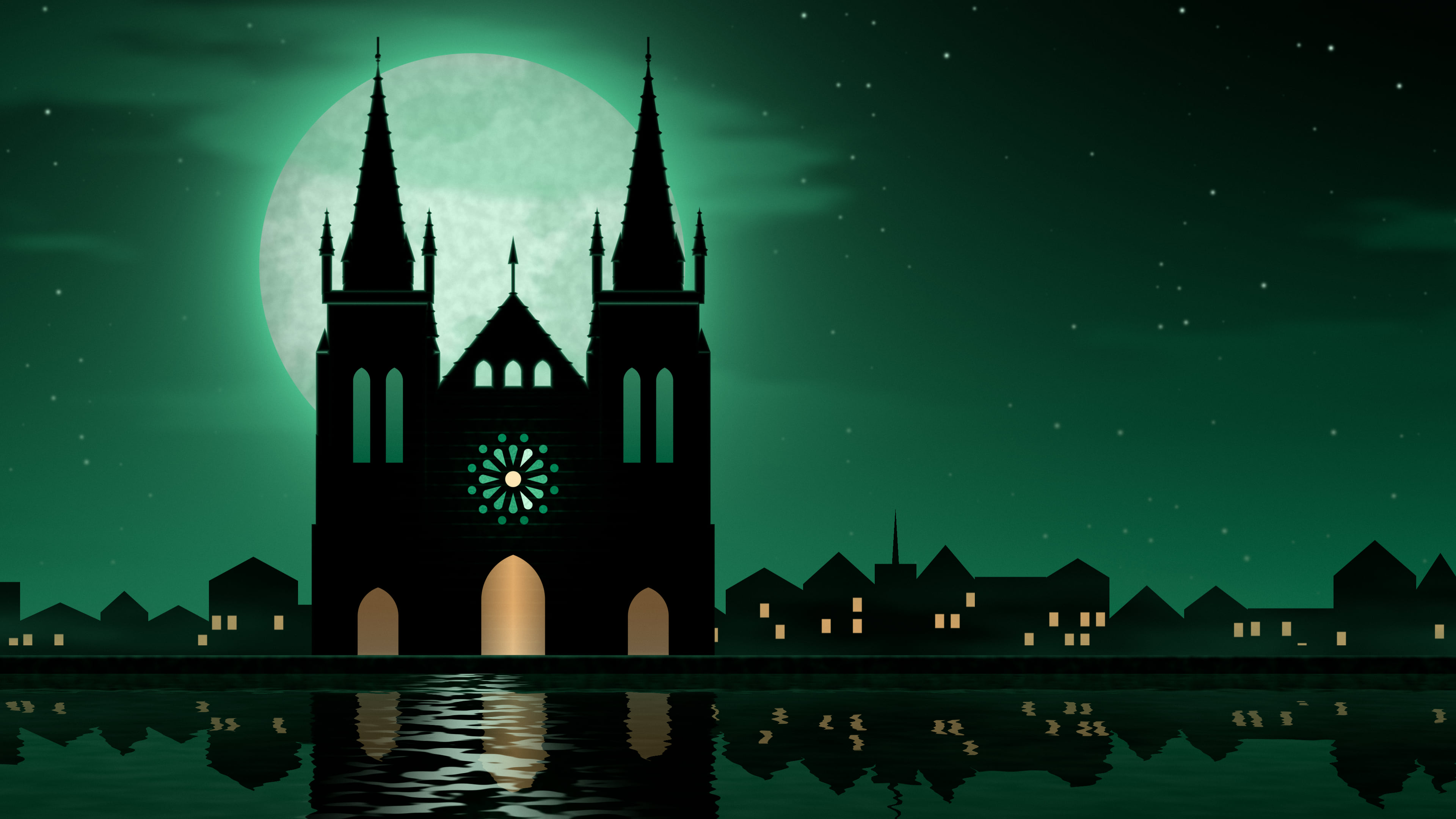 Emerald Gothic Cathedral and Full Moon desktop wallpaper in 4K